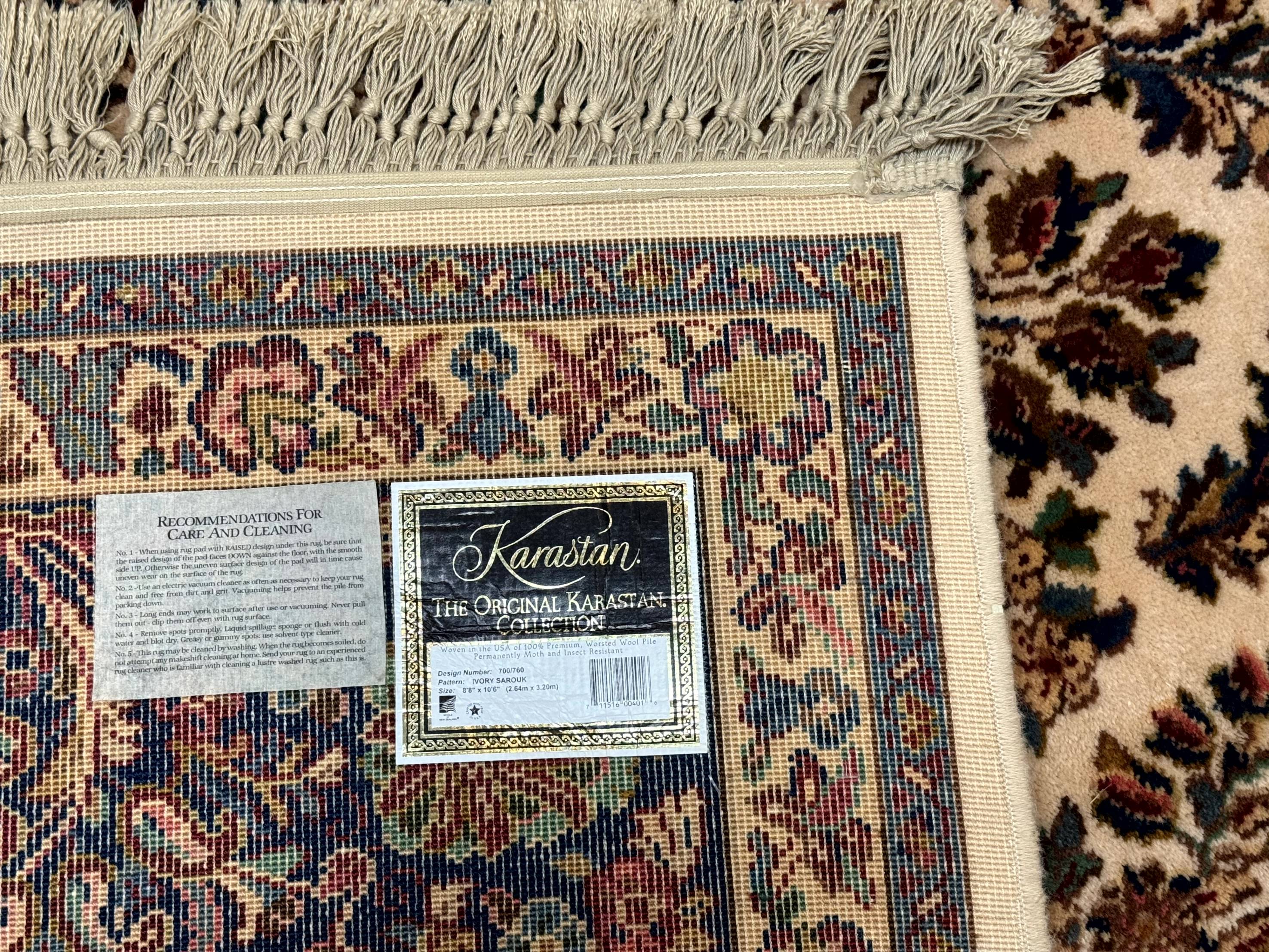 Karastan Rug 8.8 x 10.6 Ivory Sarouk #700/760, Wool Discontinued Original 700 Series - Jewel Rugs