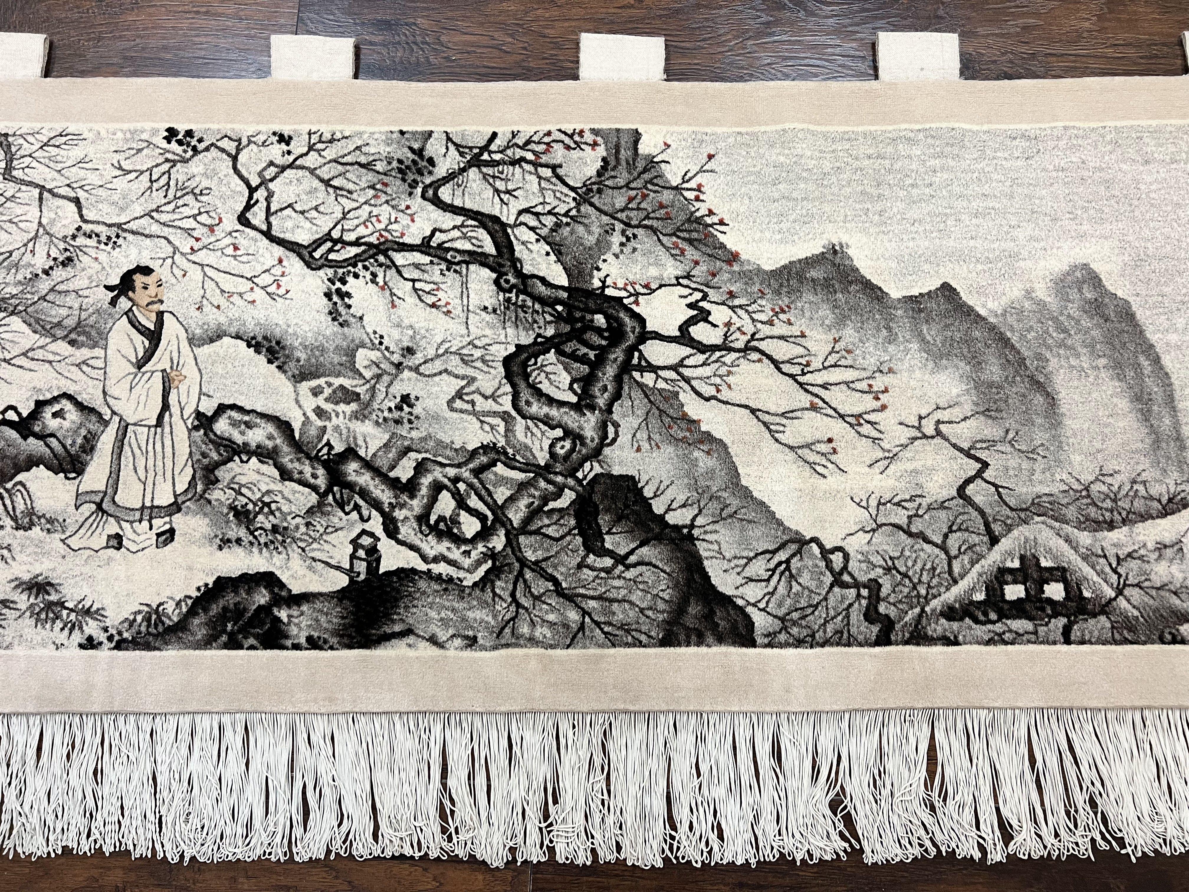Chinese Wall Hanging Rug 8x3 ft, Samari Pictorial Scene, Hand-Knotted Handmade Vintage Asian Oriental Wall Hanging Tapestry Fine Rug - Jewel Rugs
