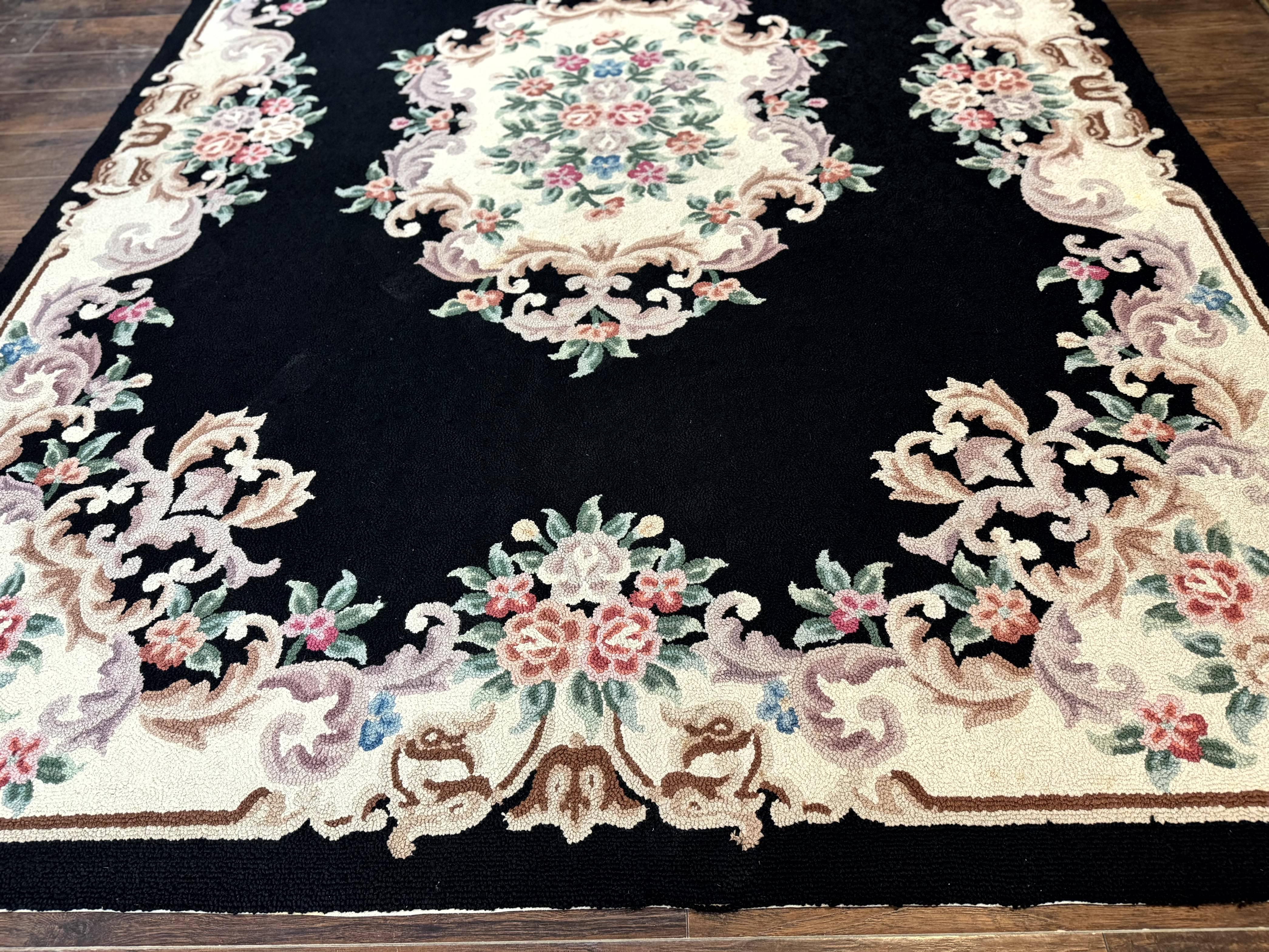 Aubusson Rug 8x11, Black and Ivory, Hooked Rug, Vintage, Wool - Jewel Rugs