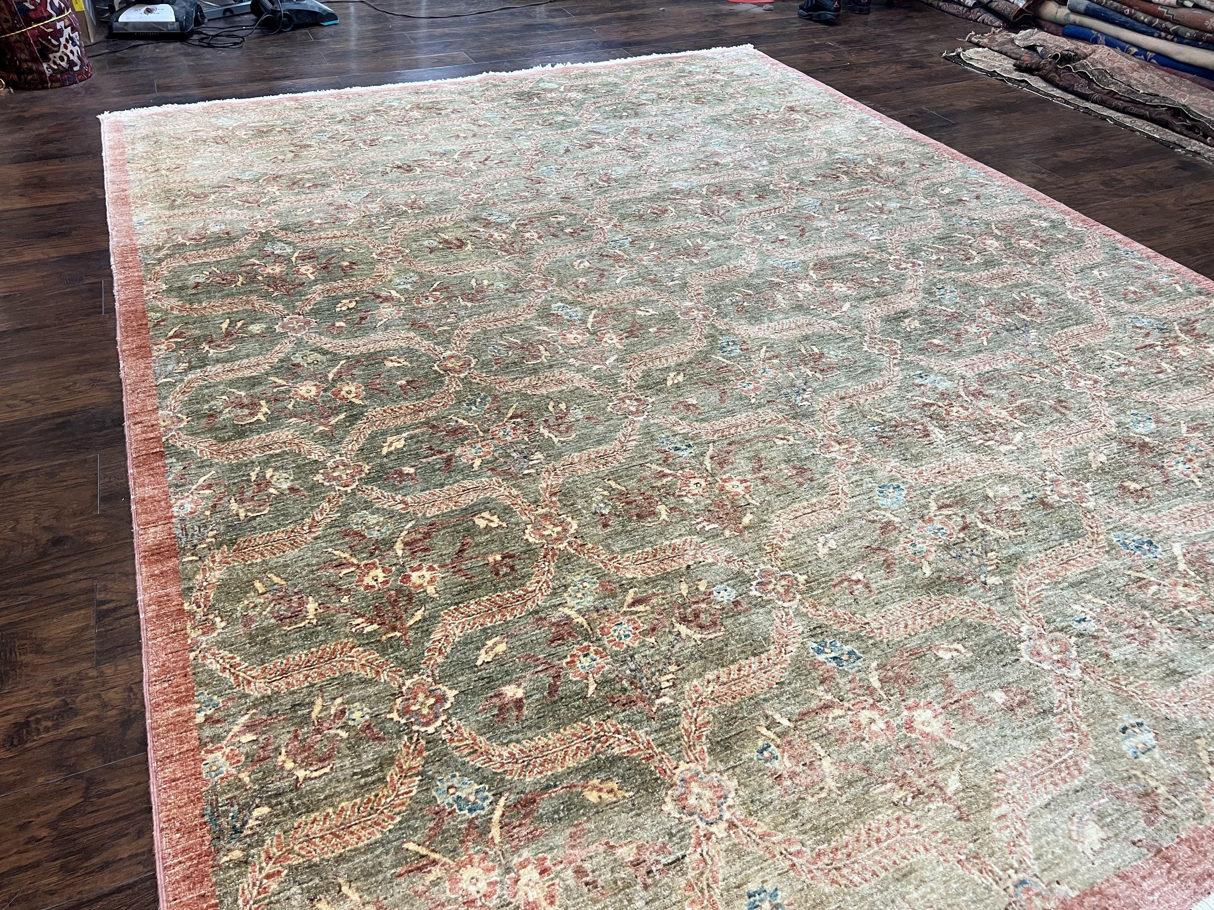 Large Modern Pakistani Rug 9x12, Handmade Wool Carpet, Peshawar Rug, Hand Knotted Oriental Rug, Contemporary, Floral, Light Green - Jewel Rugs