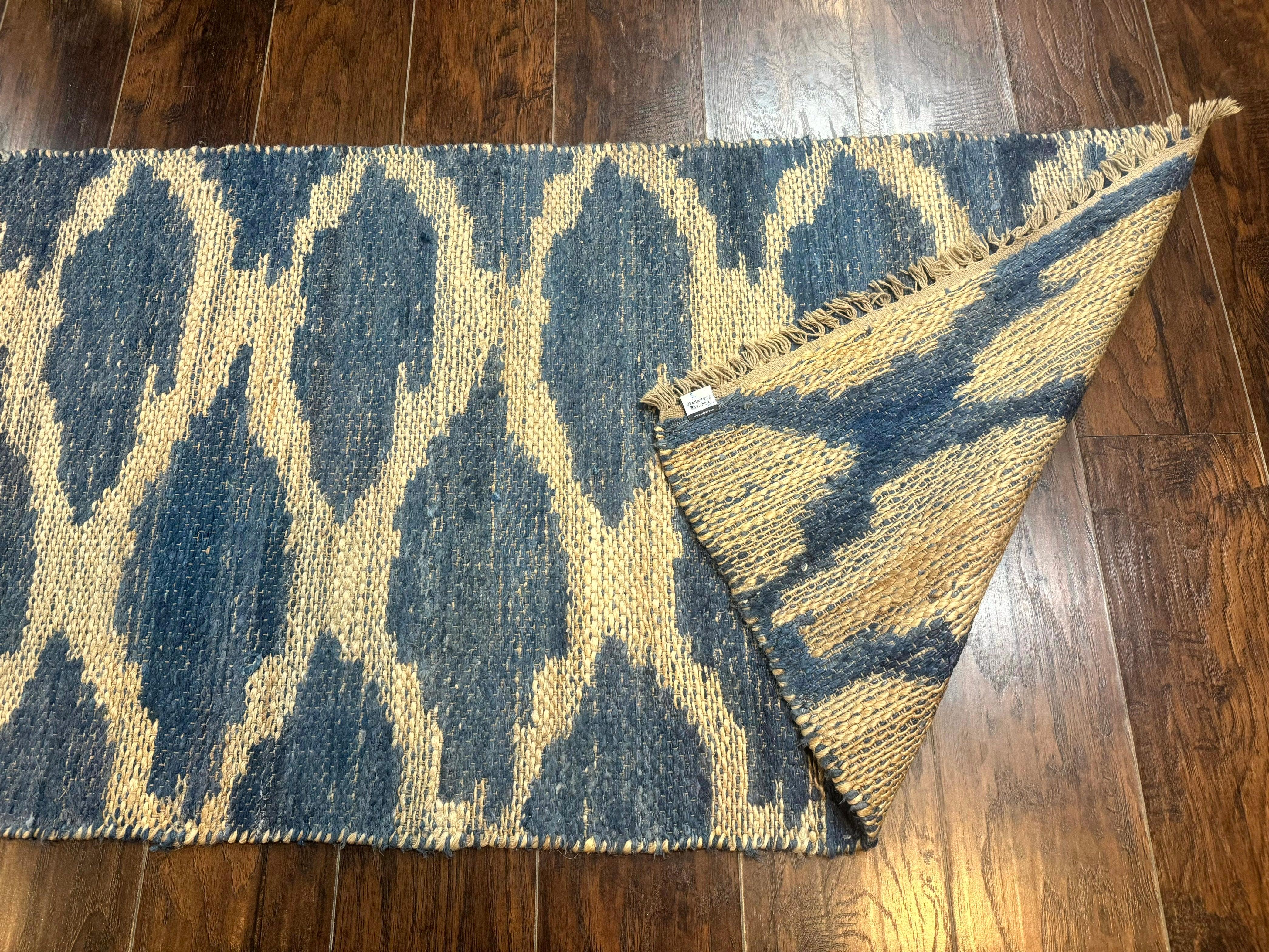 Modern Jute Runner Rug 2.9 x 7.9, Beige and Blue, Handwoven, Kaleen Rug - Jewel Rugs