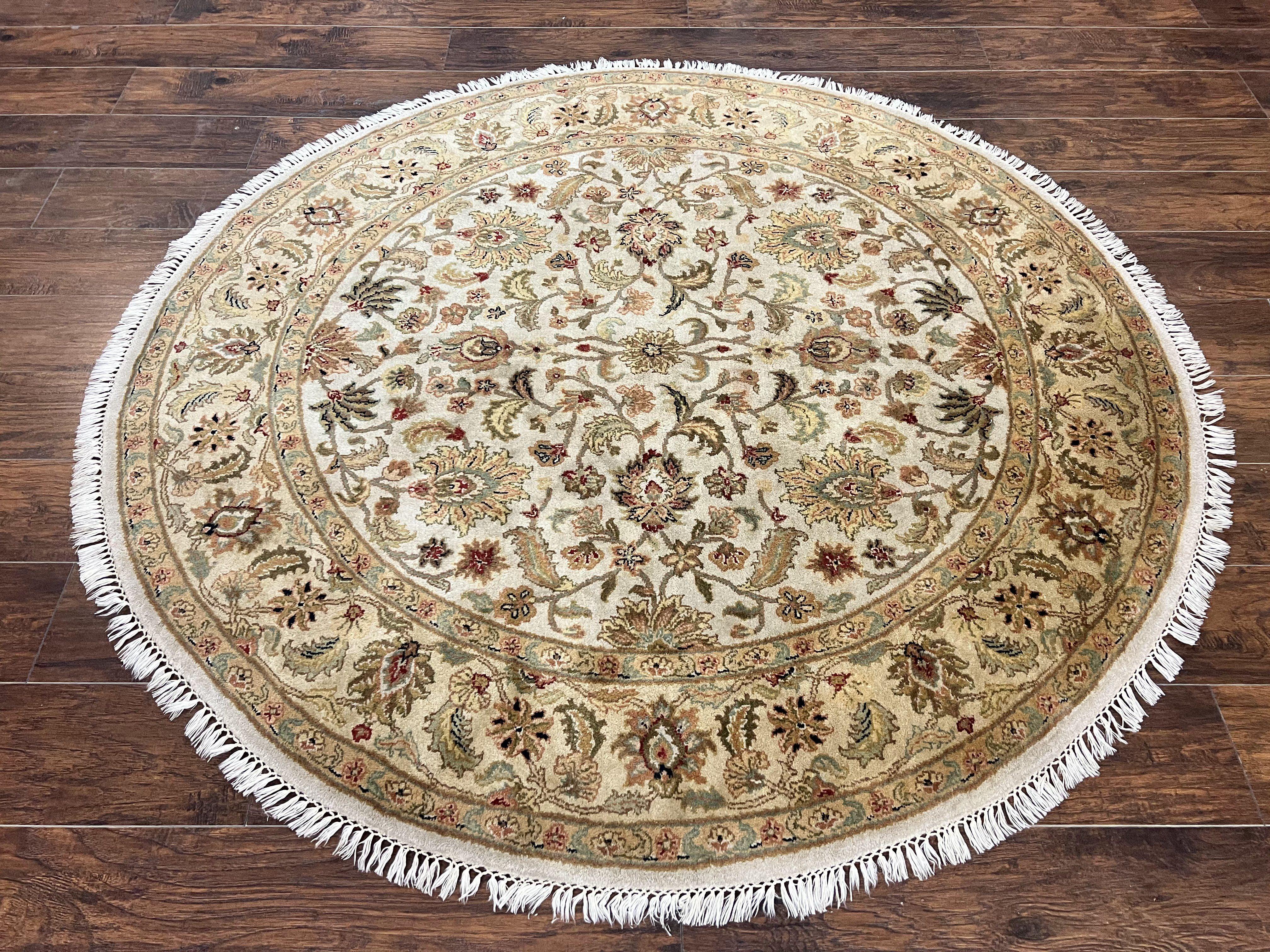 6x6 Round Rug, Indo Persian Round Oriental Carpet, 6ft Round, Beige Rug, Floral Allover, Vintage Hand Knotted Wool Carpet - Jewel Rugs