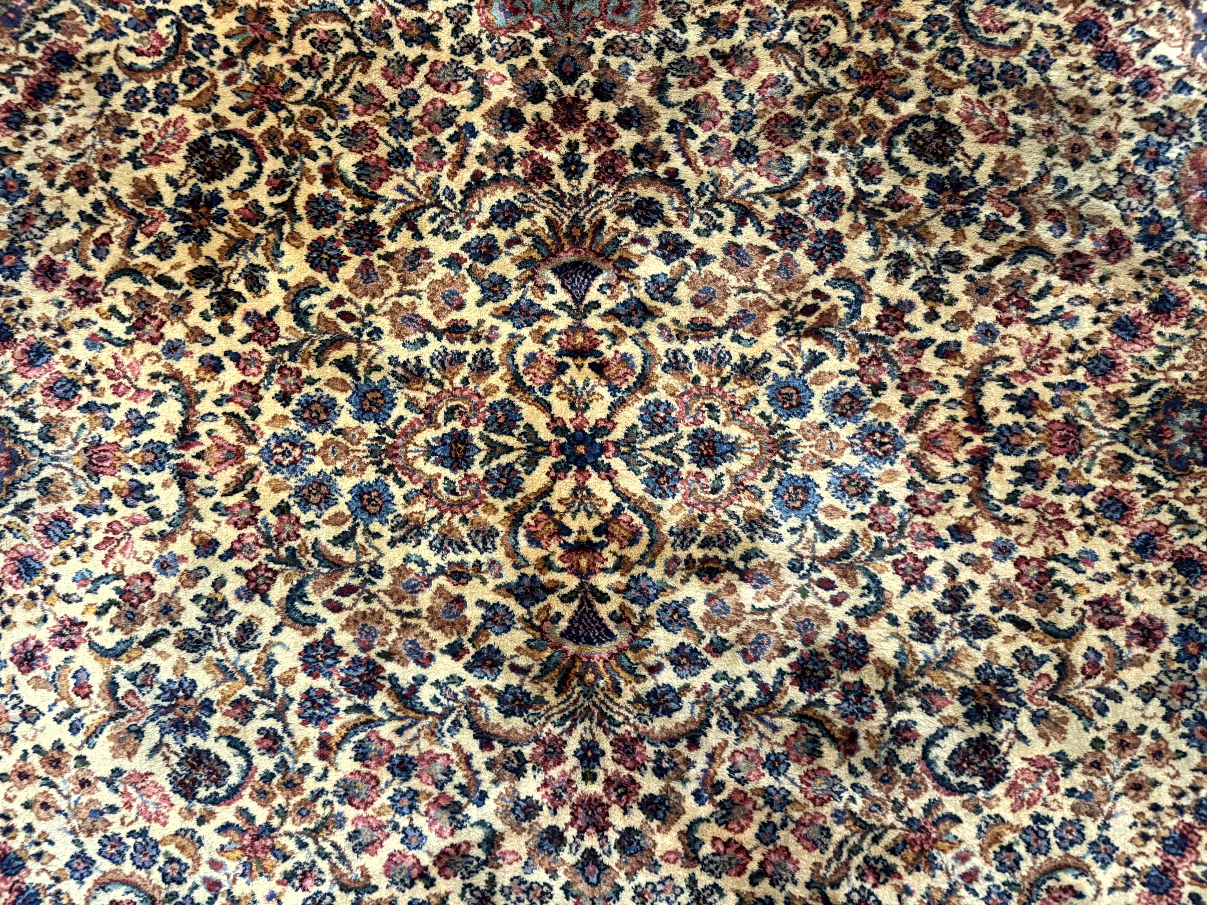 Karastan Ivory Floral Kirman Rug 8.8 x 12, Wool Vintage Discontinued - Jewel Rugs