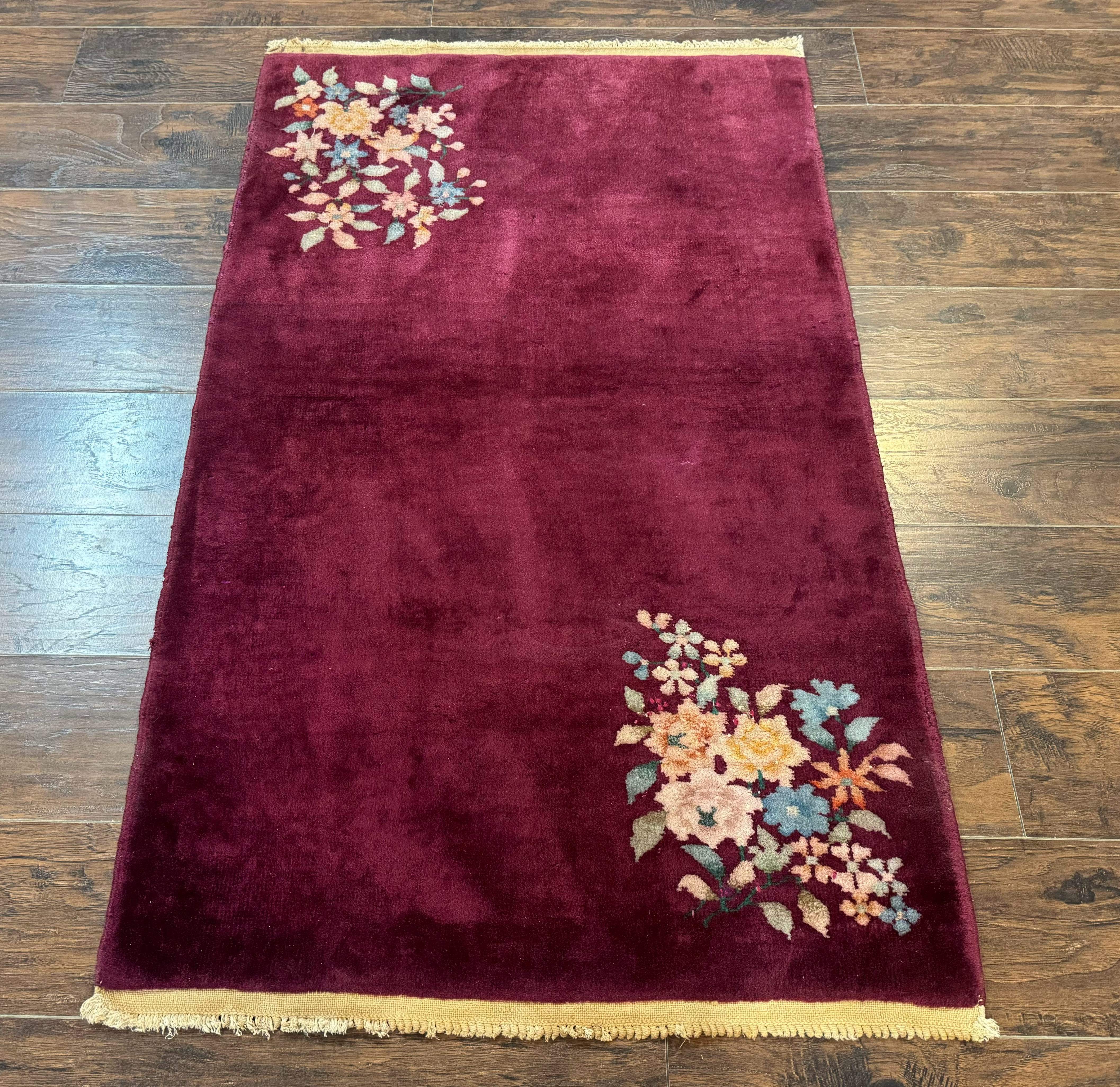 Chinese Nichols Rug 3x5 – Art Deco Carpet, Dark Magenta, Hand-Knotted Wool Vintage Asian Carpet - Jewel Rugs