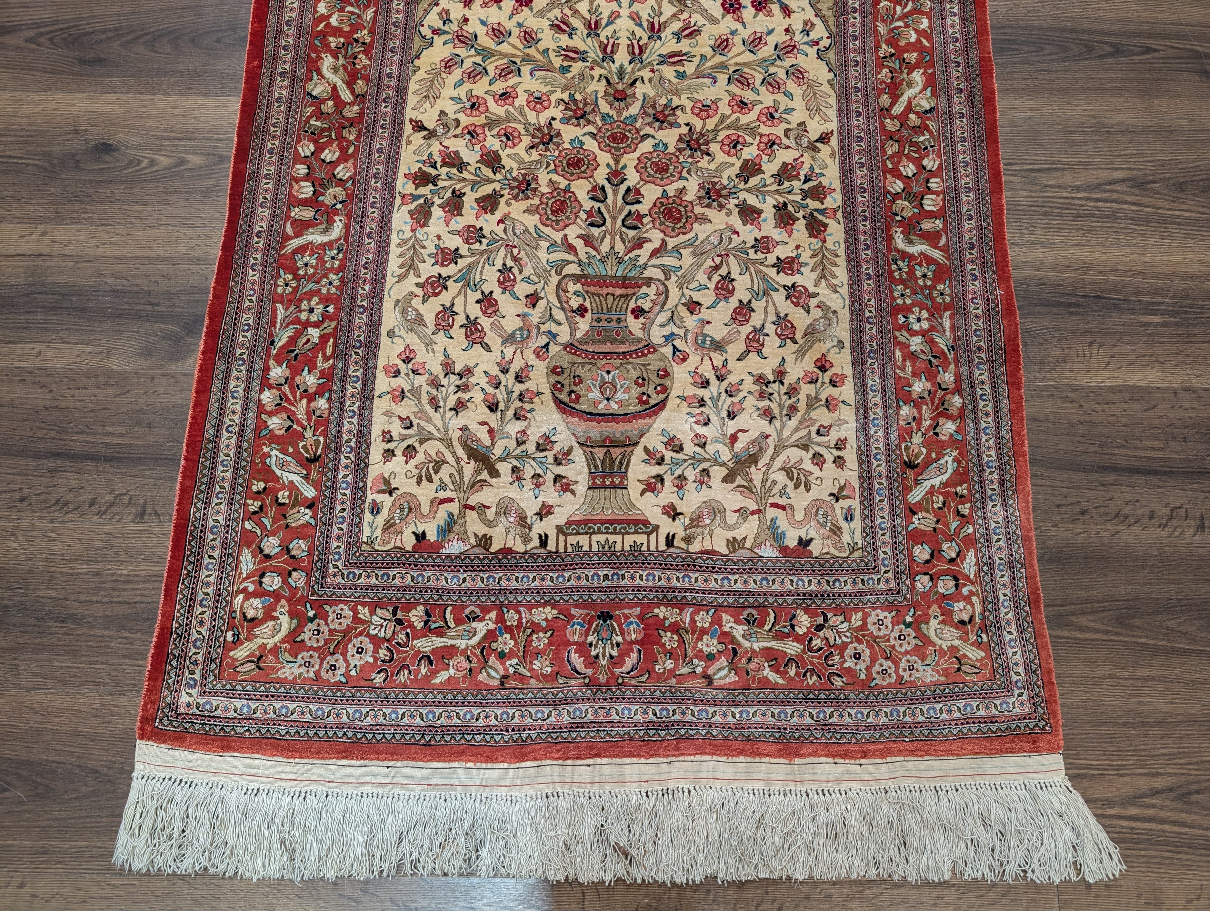 Silk Qum Persian Rug 3x5 – Tree of Life Design with Birds & Vase, 630 KPSI - Jewel Rugs