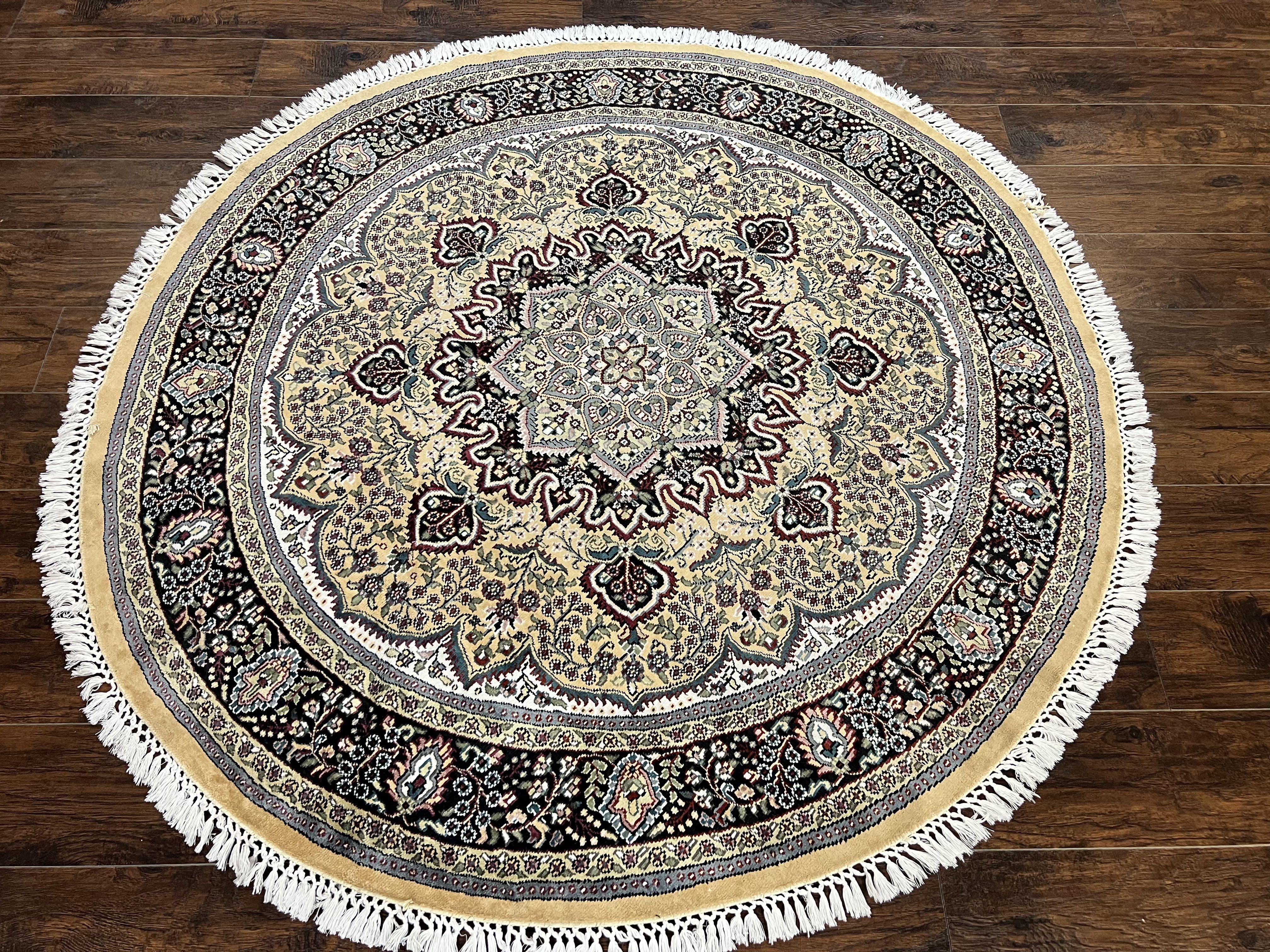Round Silk Indian Kashmiri Rug 6x6, Hand Knotted Handmade Vintage Oriental Carpet, 6ft Round Rug with Medallion, Cream - Jewel Rugs