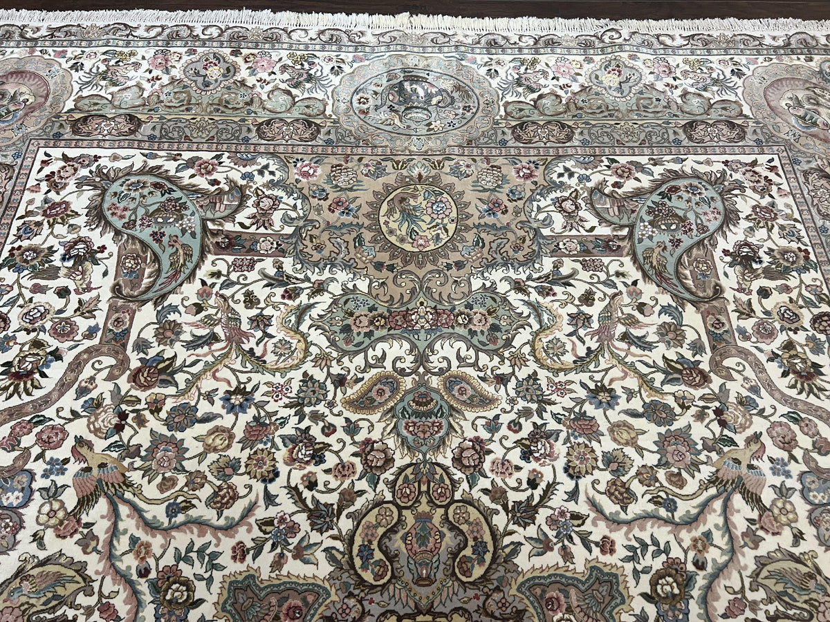 Sino Persian Rug 9x12, Wool on Silk Foundation Hand Knotted Ivory Vint Jewel Rugs
