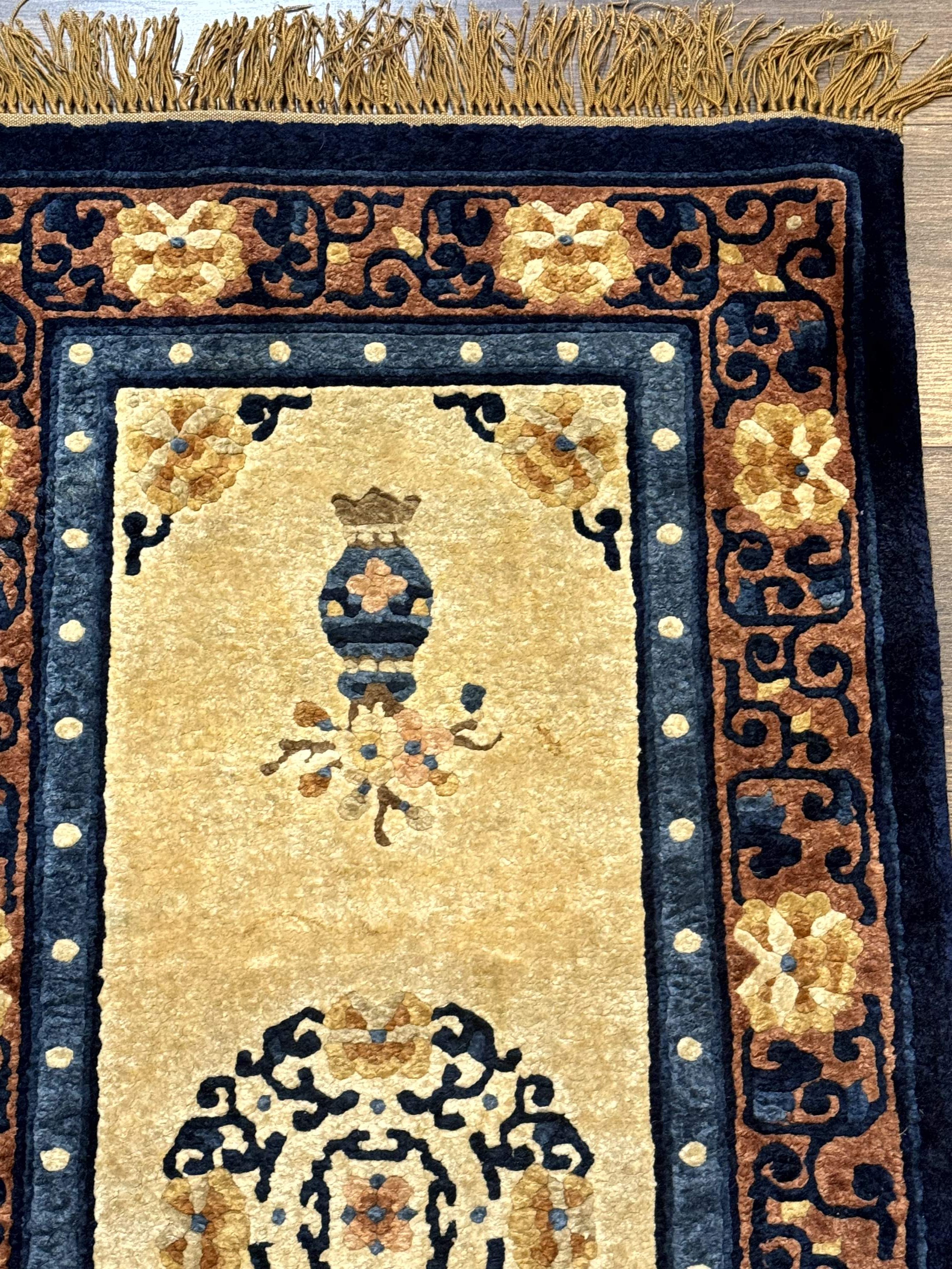 Silk Chinese Rug 2x4, Peking Carpet, Golden-Beige and Blue, Hand Knotted, Simple Design - Jewel Rugs