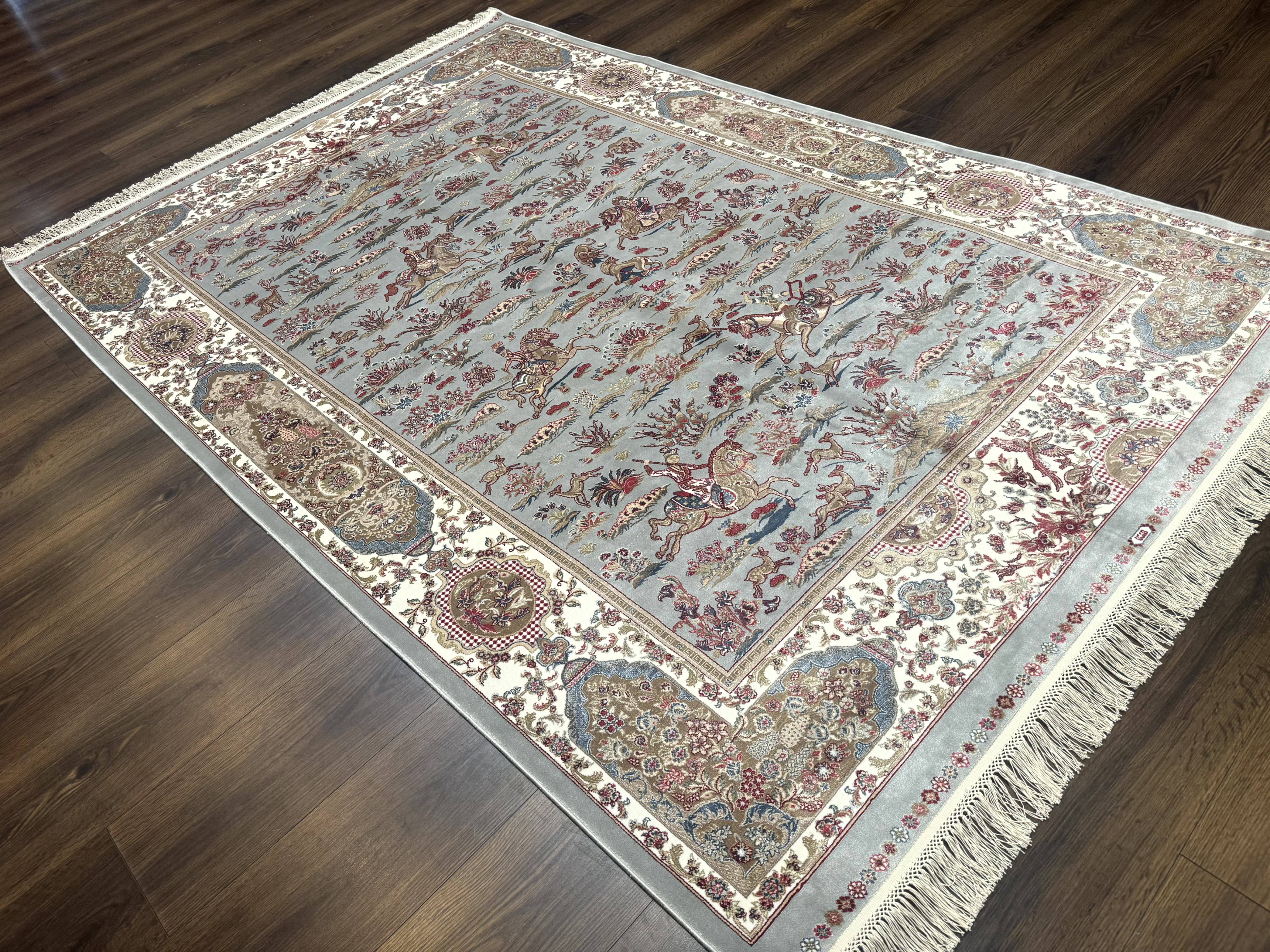 Turkish Silk Rug 5x7, Hunting Design, Animal Pictorials, Bamboo Silk - Jewel Rugs