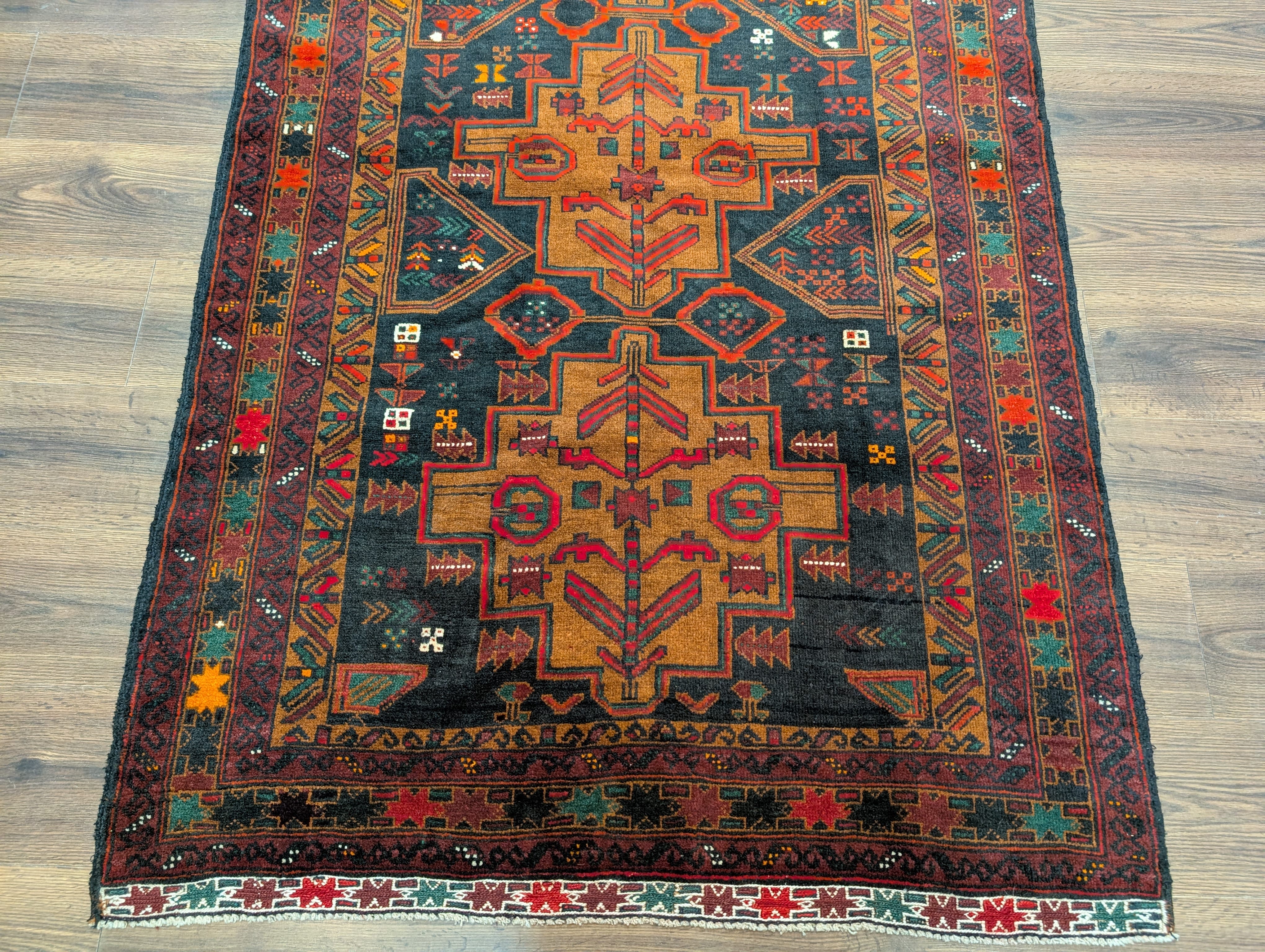 Afghan Baluch Rug 4x6, Tribal, Geometric, Unique Colors, Triple Medallions, Wool, New - Jewel Rugs