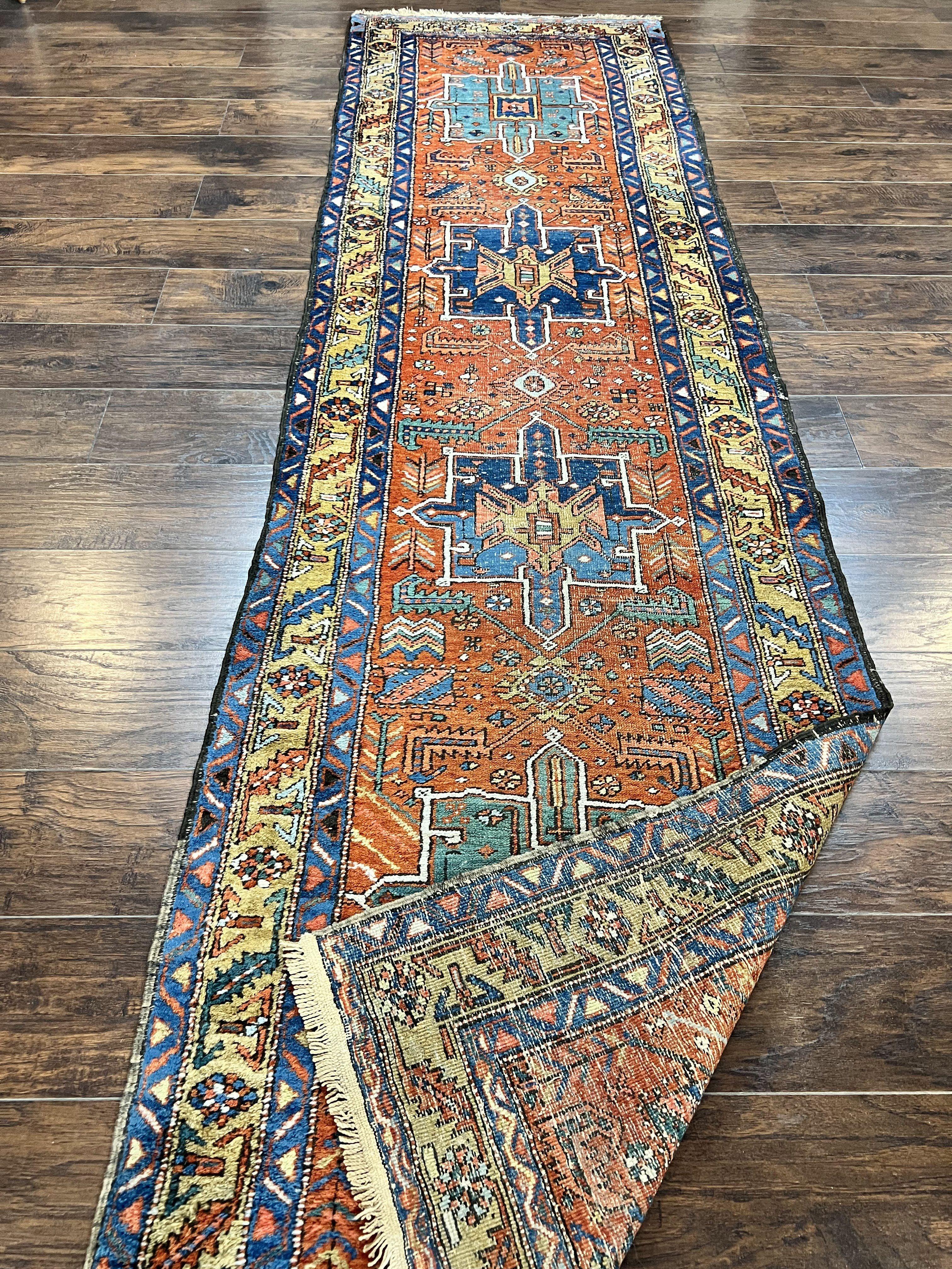 Colorful Persian Karajeh Runner Rug 3 x 10.7, Geometric Heriz Design, Antique Oriental Rug for Hallway, Orange-Red Blue, Handmade Tribal Runner - Jewel Rugs
