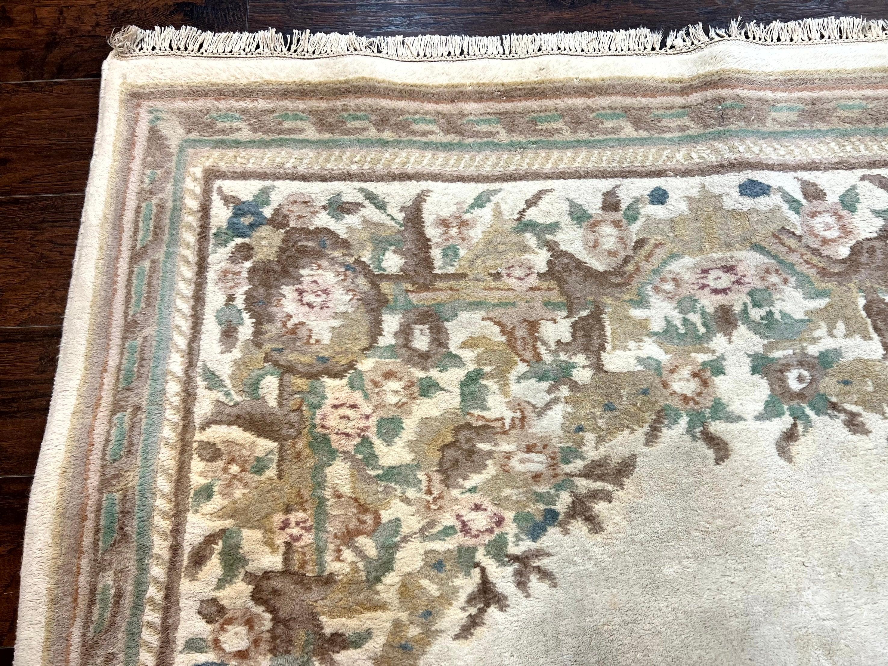 Indo Chinese Aubusson Rug 6x9, Wool Vintage Handmade Rug, Beige - Jewel Rugs