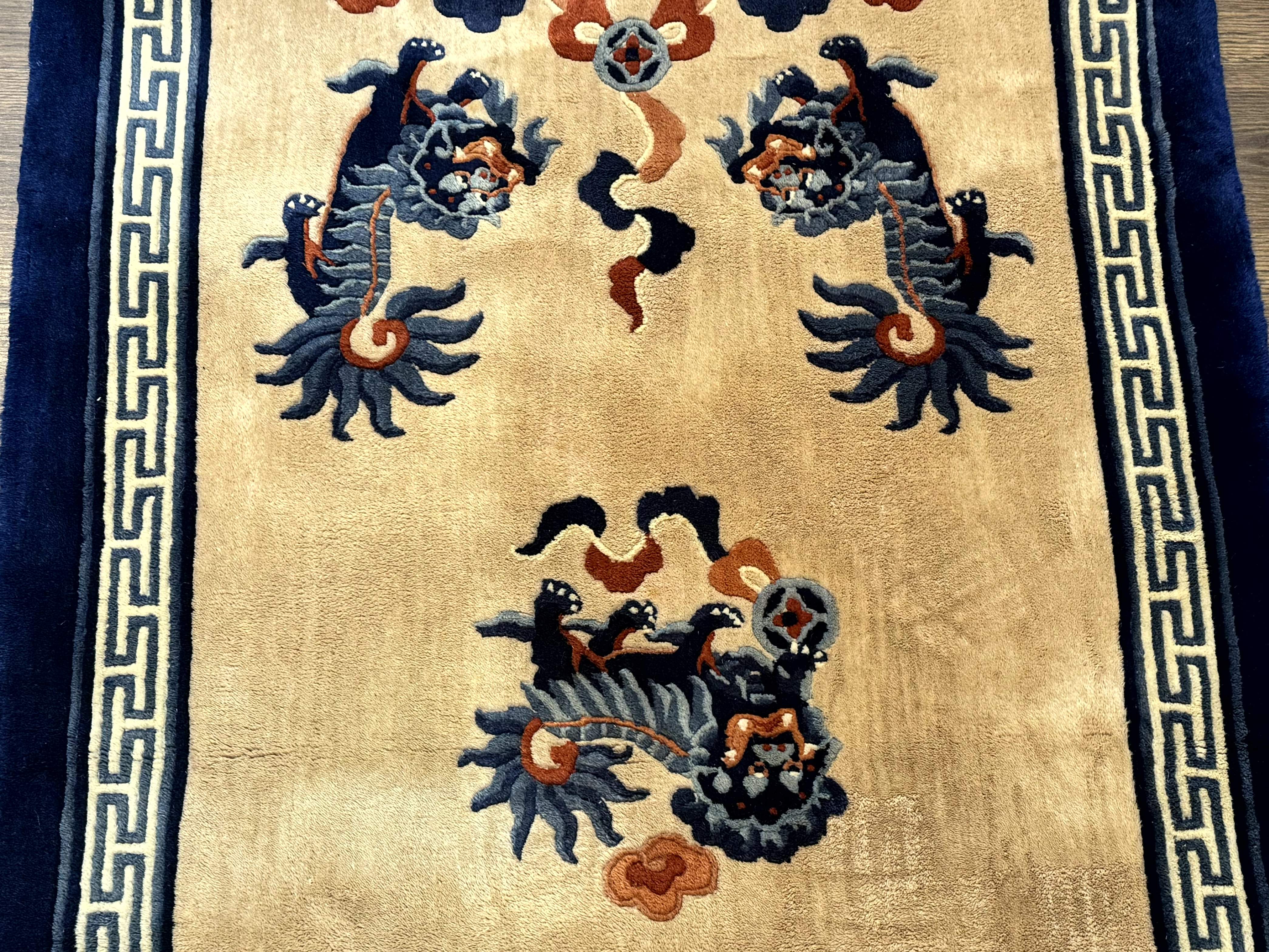 Chinese Peking Rug 3x5, Dragons, Beige and Blue, Wool Chinese Carpet - Jewel Rugs