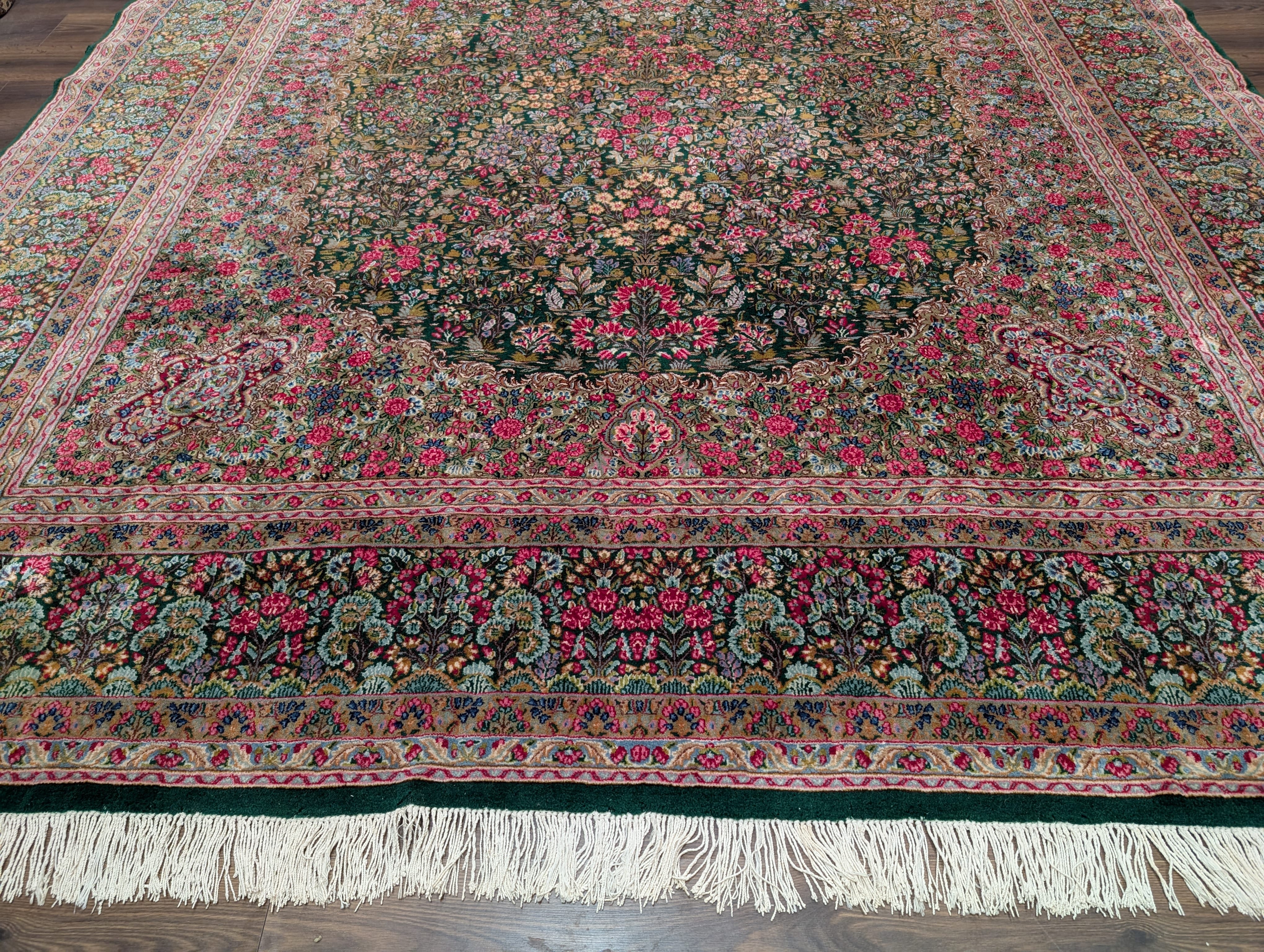 Persian Kerman Rug 10x13, Millefleur Floral Allover Pattern, Hand-Knotted Wool Carpet, Dark Green, Multicolor - Jewel Rugs