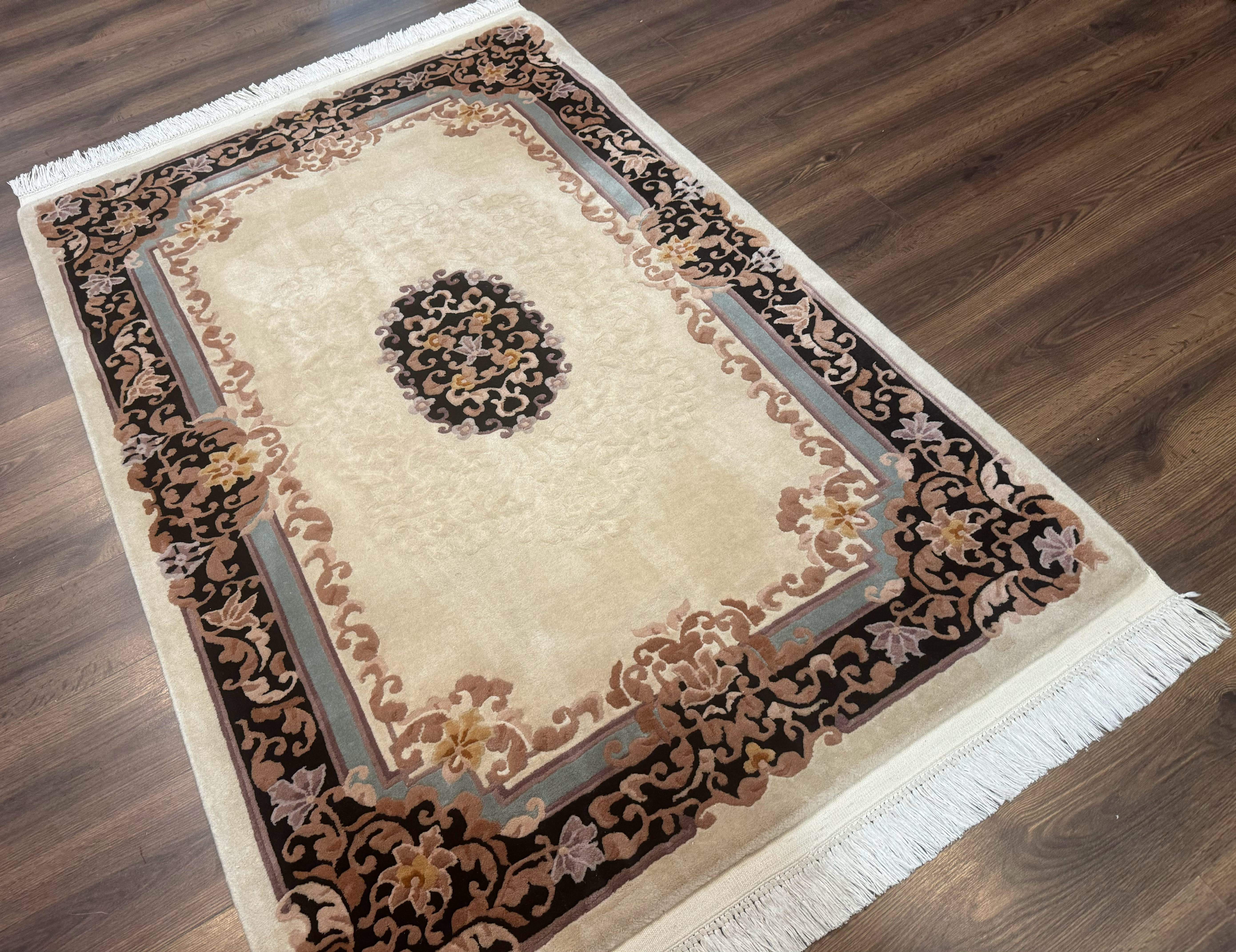 Chinese Aubusson Wool Rug 4x6, 90 Line Rug, Wool, Oat & Black - Jewel Rugs