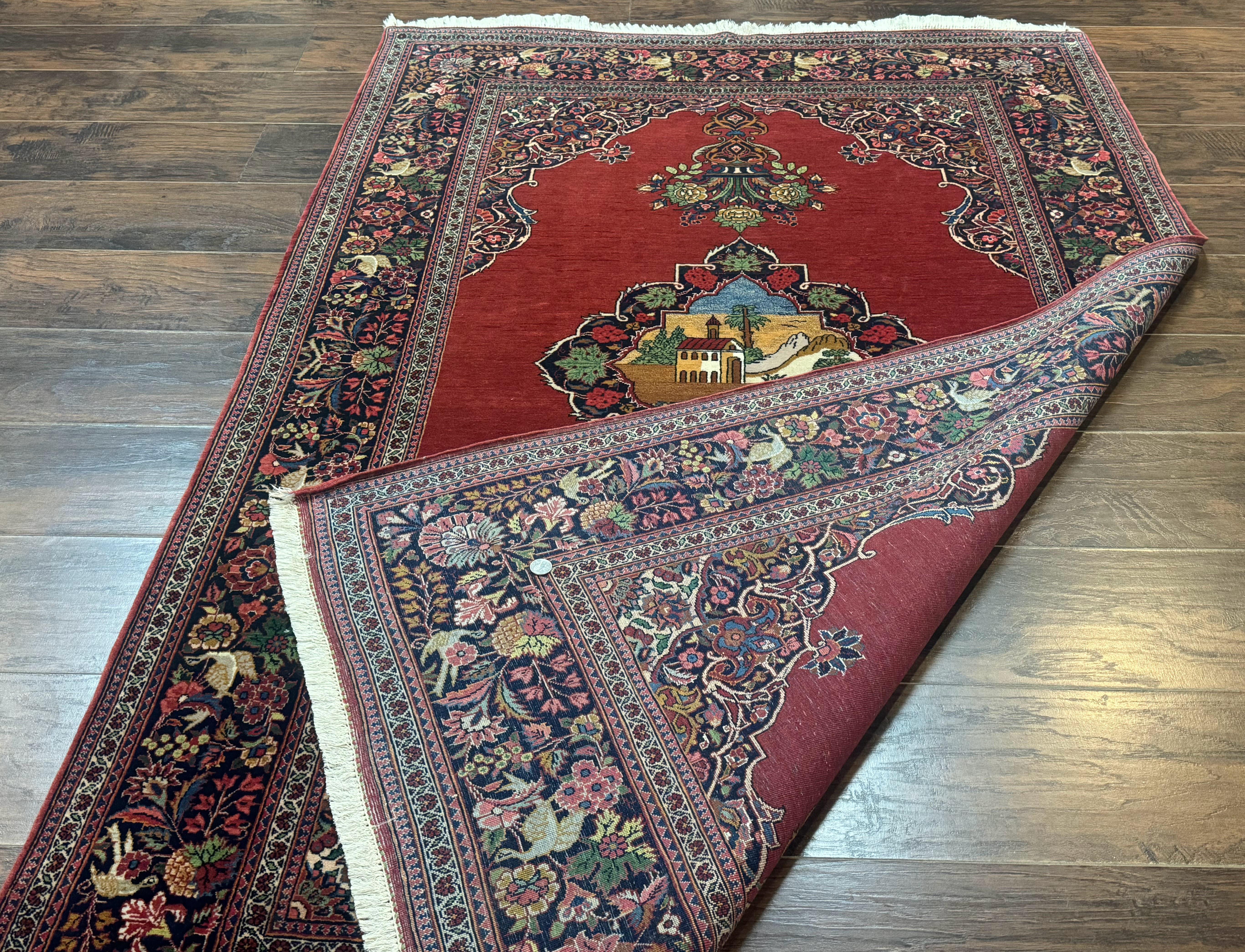 Red Persian Kashan Rug 4x6, Very Fine 260 KPSI, Red and Navy Blue Persian Carpet, Semi Open Field - Jewel Rugs