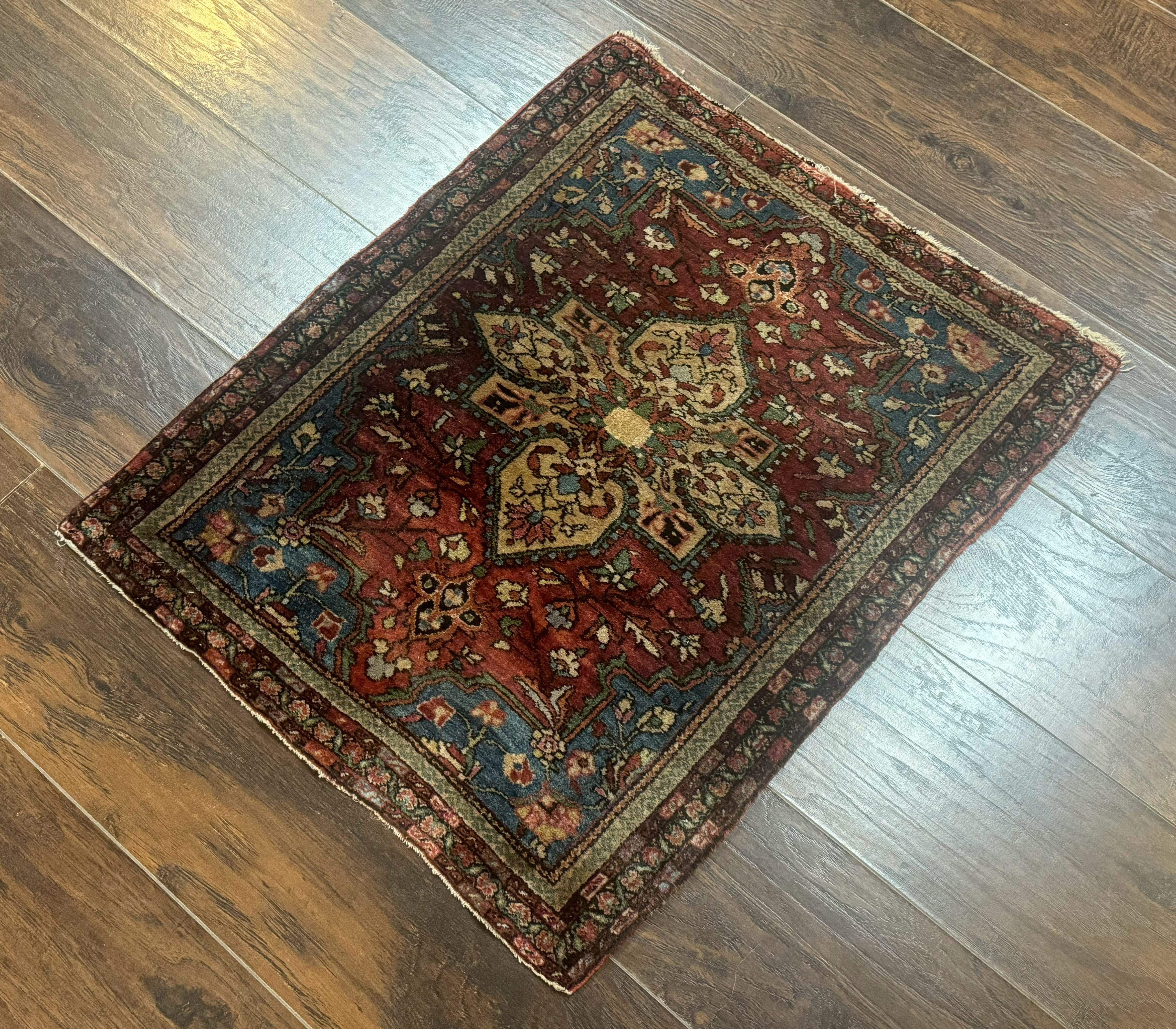 Sarouk Farahan Rug 2x3 - Rust Red and Light Blue, Handmade Wool Persian Small Scatter Rug, Antique, 225 KPSI - Jewel Rugs