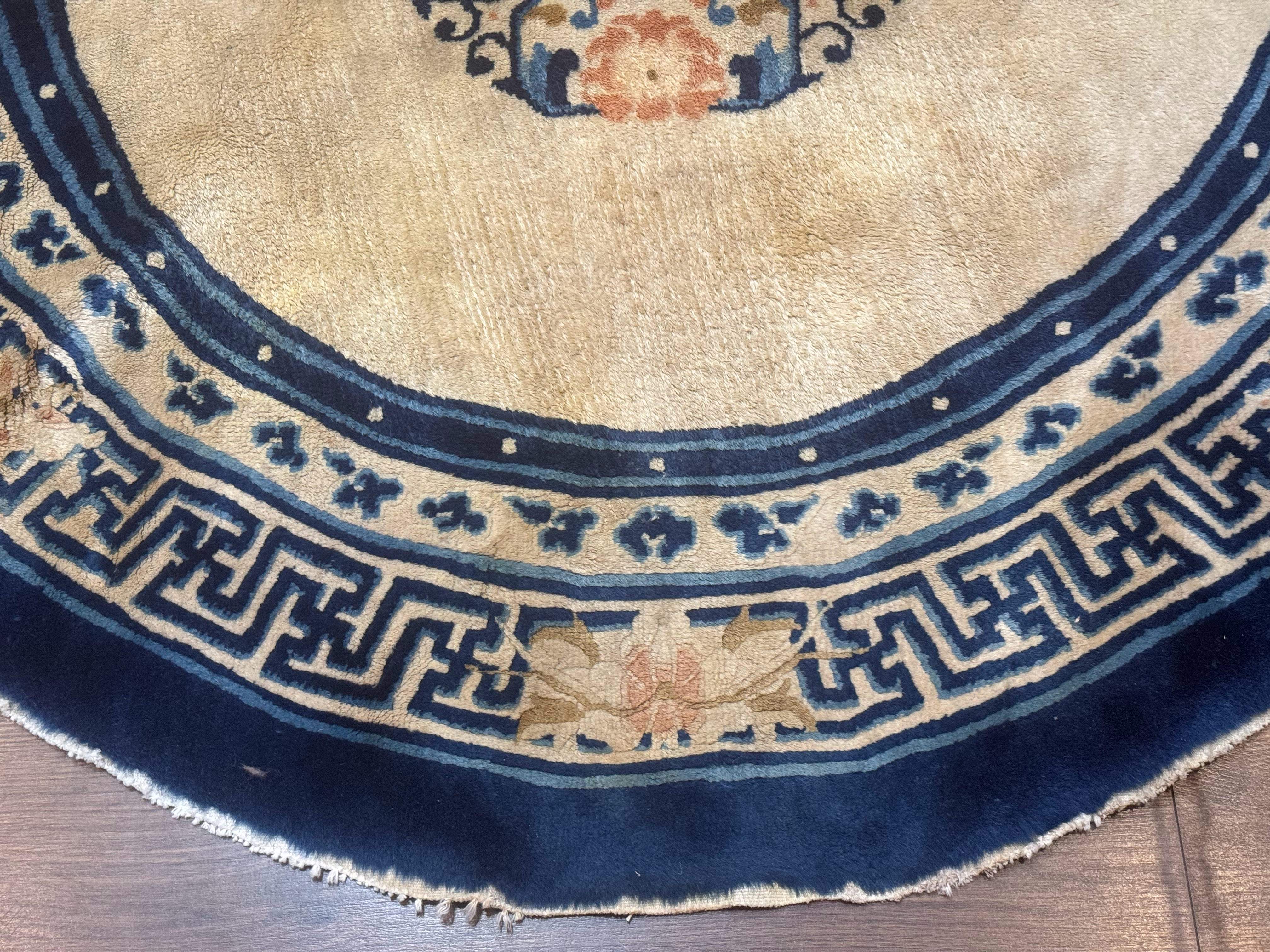 Round Antique Chinese Peking Rug 4x4, Cream and Blue, Wool - Jewel Rugs