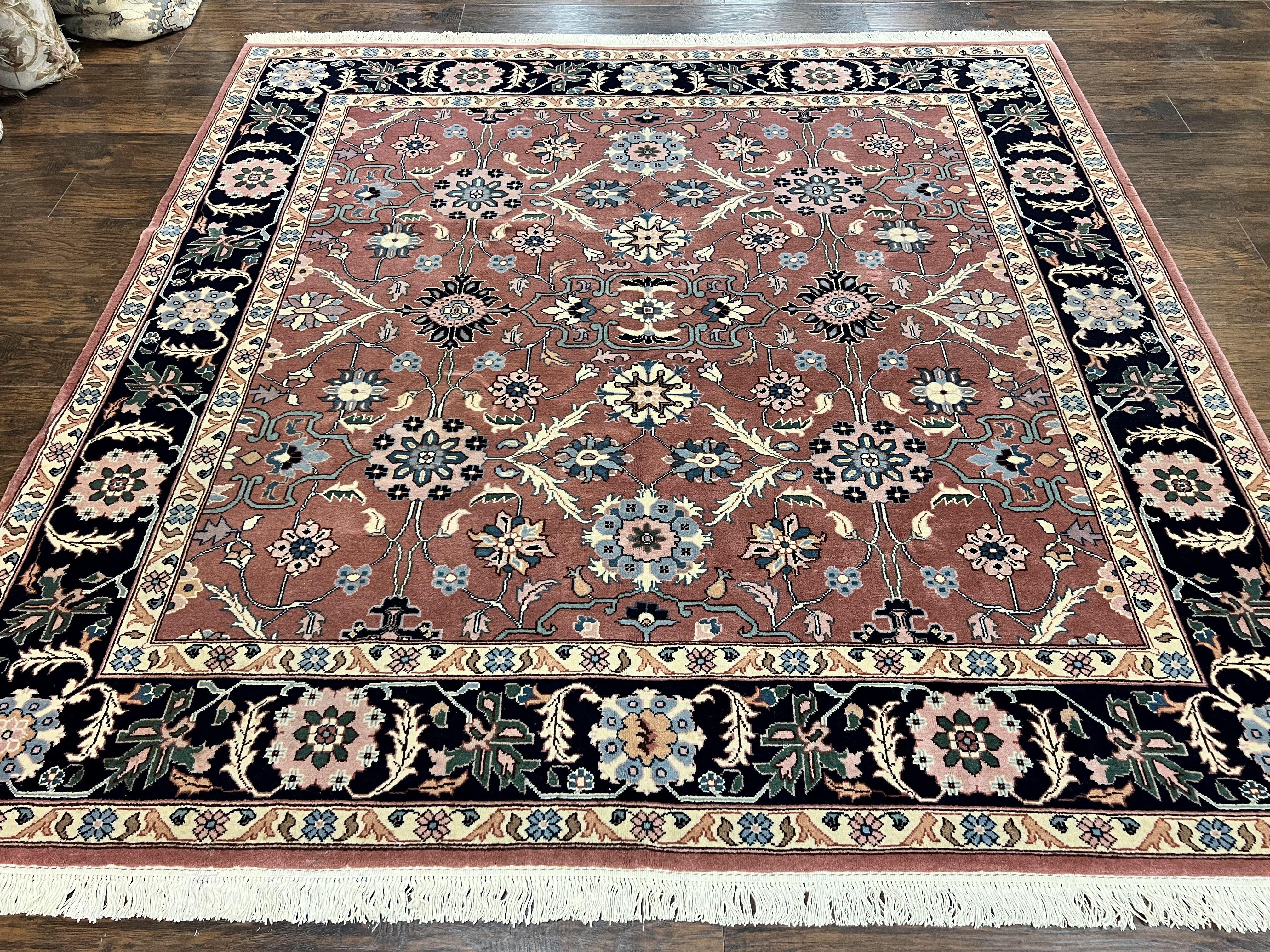 Indo Persian Square Rug 8x8 ft, Pink and Navy Blue, Allover Pattern, Handmade Vintage Wool Carpet - Jewel Rugs