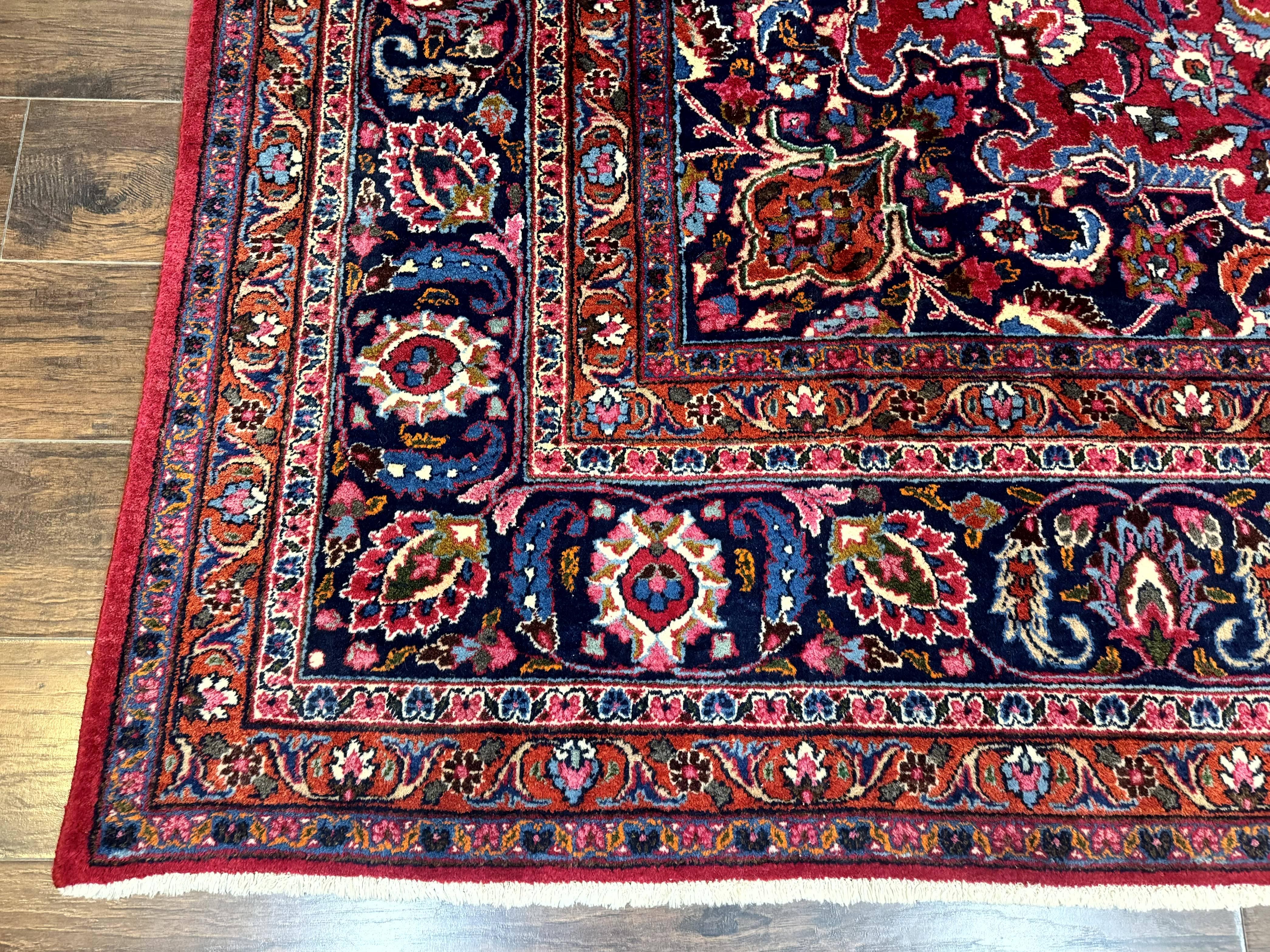 Antique Persian Mashad Rug 10x13, Red and Navy Blue, Great Colors, Signed By Masterweaver, Floral Medallion, Handmade Wool Persian Carpet - Jewel Rugs