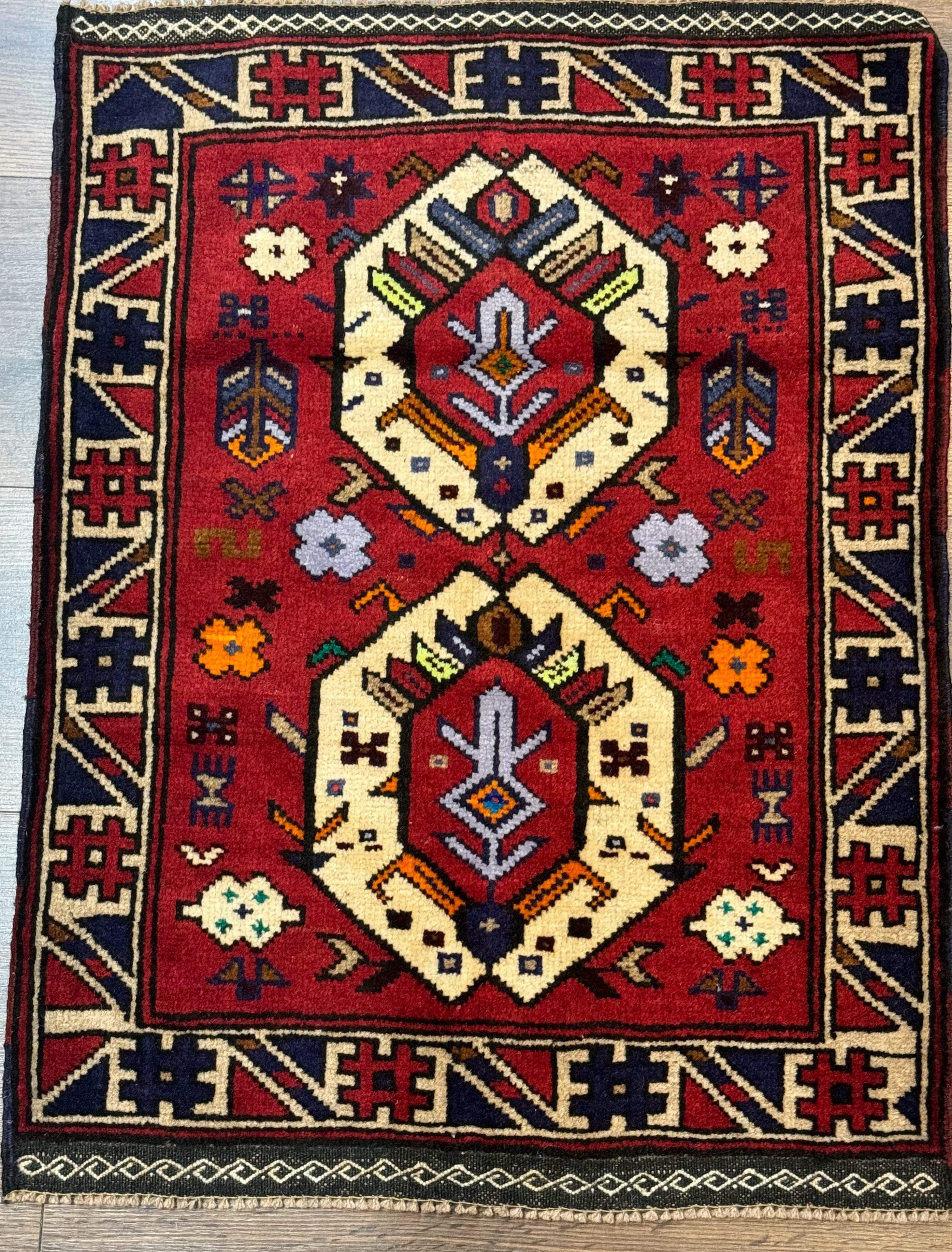 Small Persian Tribal Rug, Red and Ivory, Baluch Rug - Jewel Rugs
