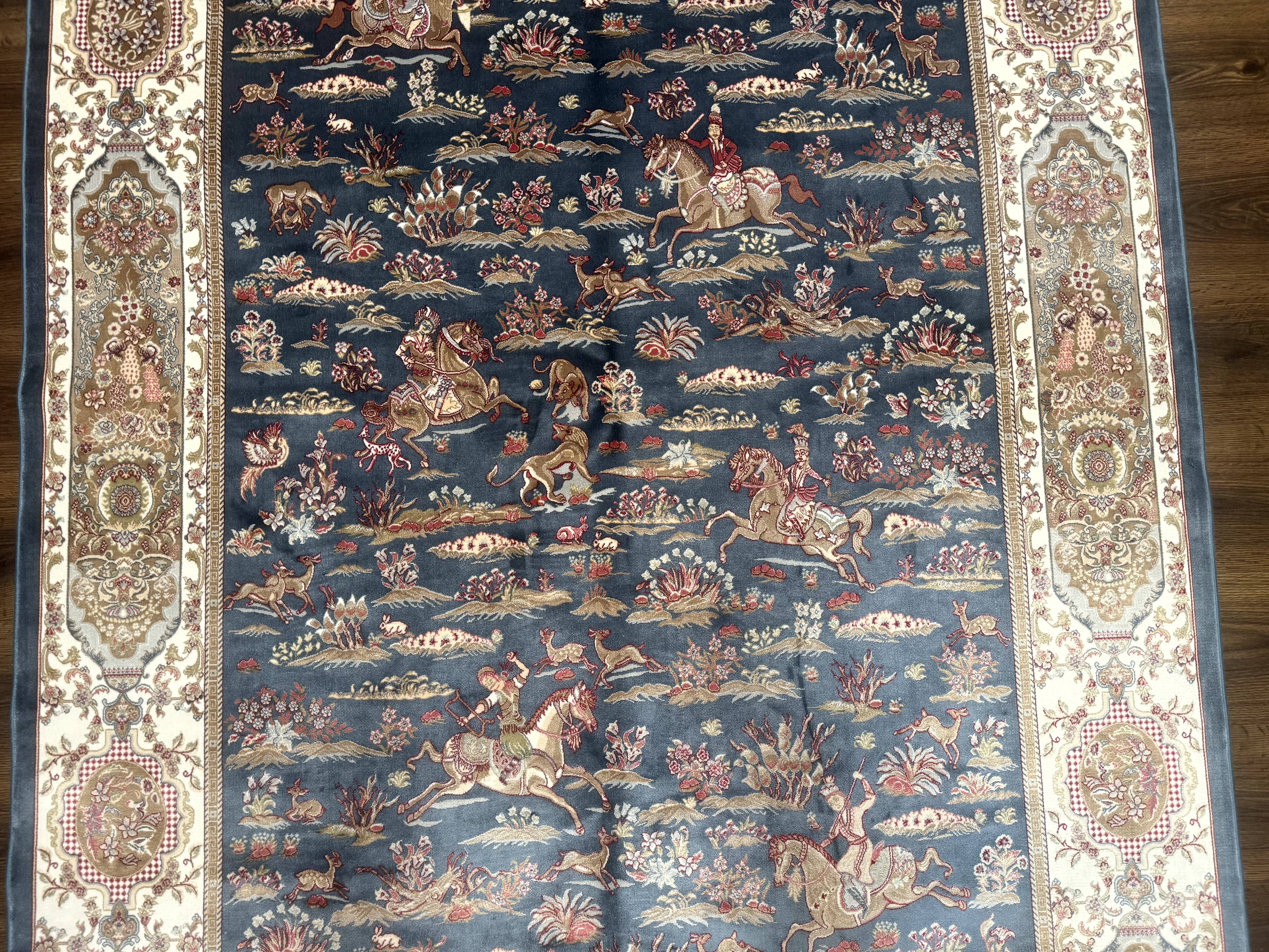 Turkish Silk Rug 5x8, Hunting Design, Animal Pictorials, Steel Blue & Ivory, Bamboo Silk - Jewel Rugs