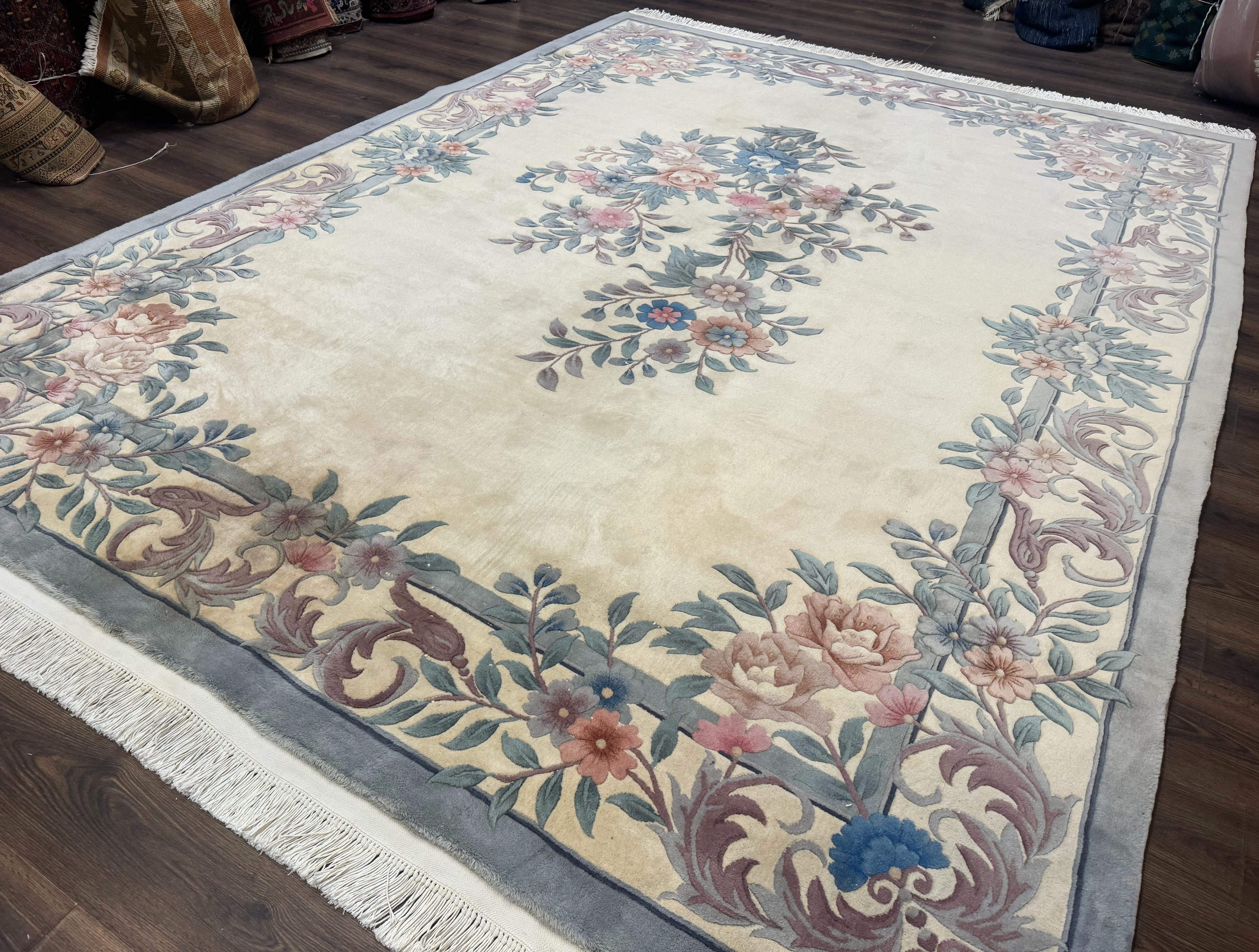 Chinese Wool Rug 9x12 – Ivory, Hand-Knotted Wool Vintage 90 Line Carpet - Jewel Rugs