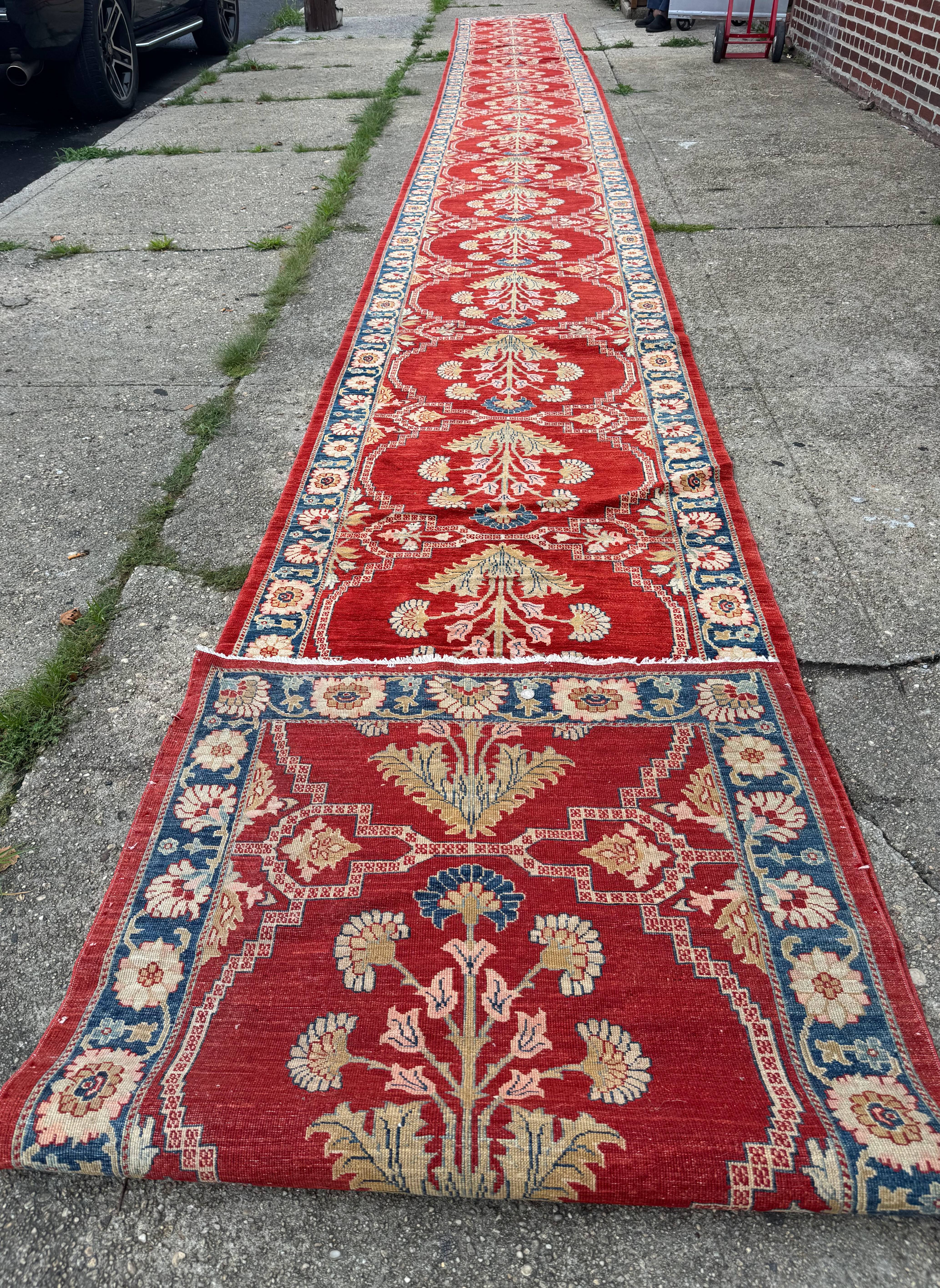 Rare Extra Long Runner Rug 3.7 x 39 ft, Handmade, Wool, Egyptian, Red, Floral, Custom Size - Jewel Rugs