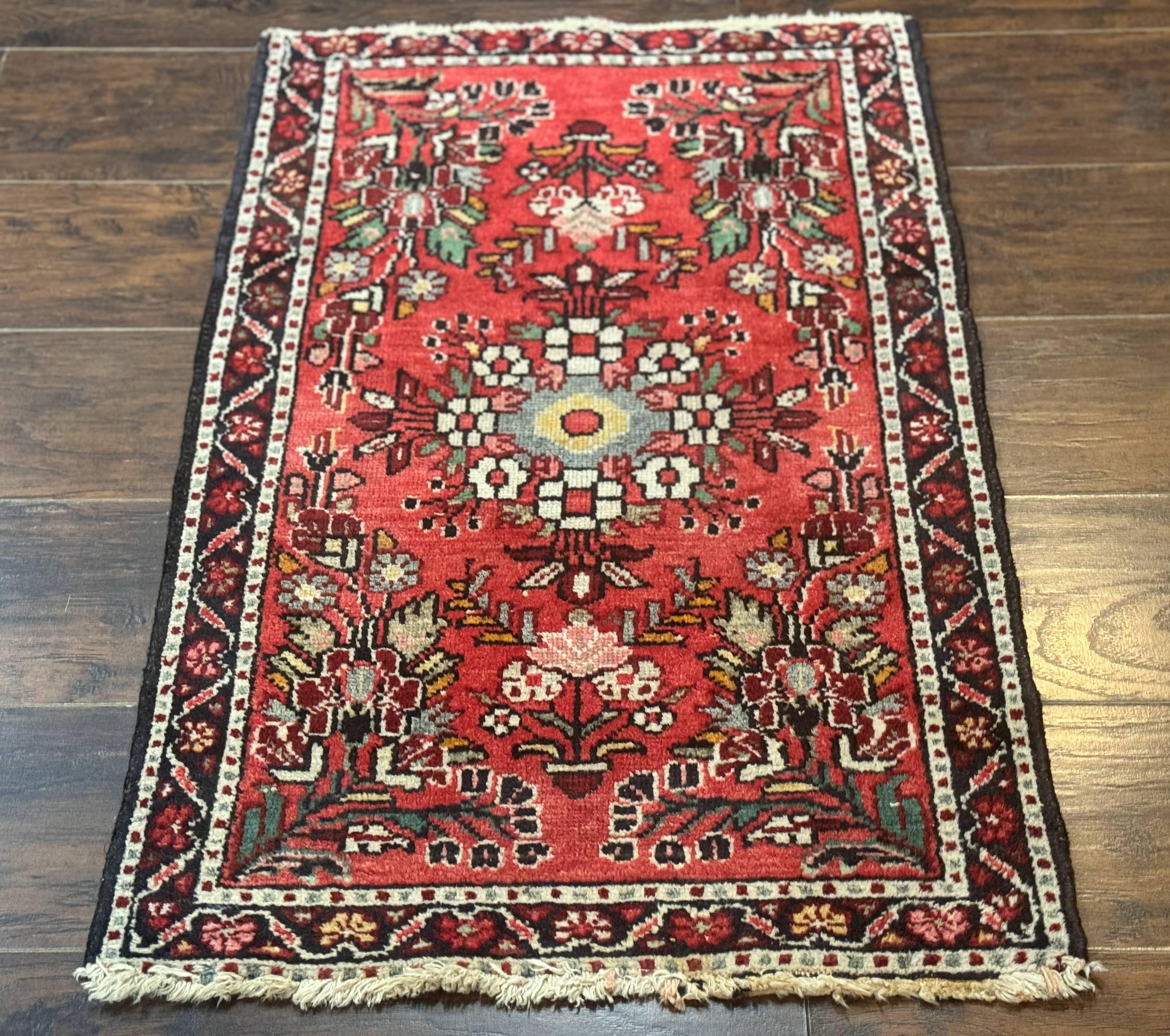 Antique Persian Rug 2x3, Small Red Floral Wool Persian Carpet, Hamadan Rug - Jewel Rugs