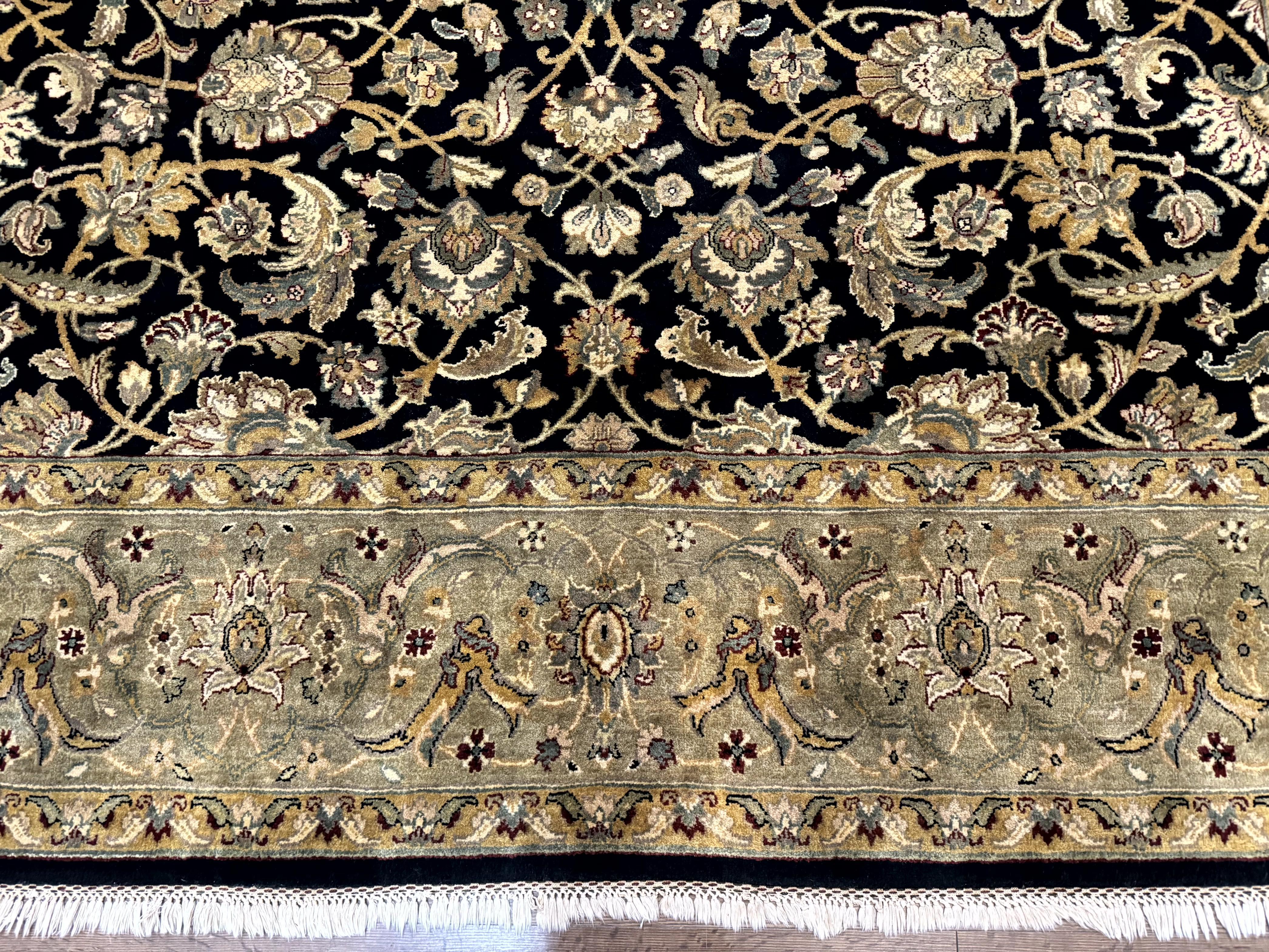 Indo Persian Rug 8x10, Black and Green, Wool, Handmade, Traditional, Floral Allover, Vintage - Jewel Rugs