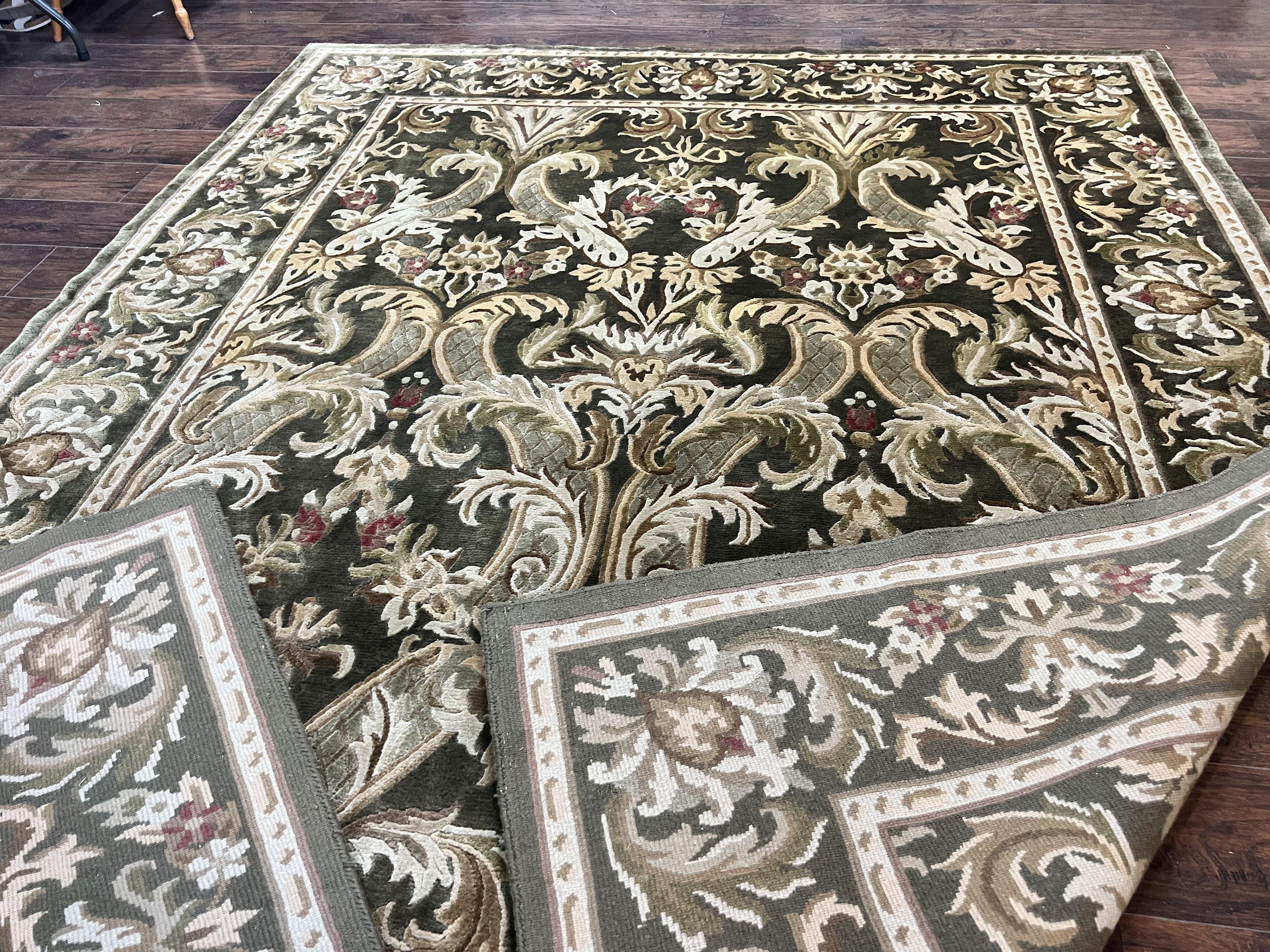 Tibetan Rug 8x10, European Design, Floral, Green, Handmade, Wool, Nepali Rug - Jewel Rugs