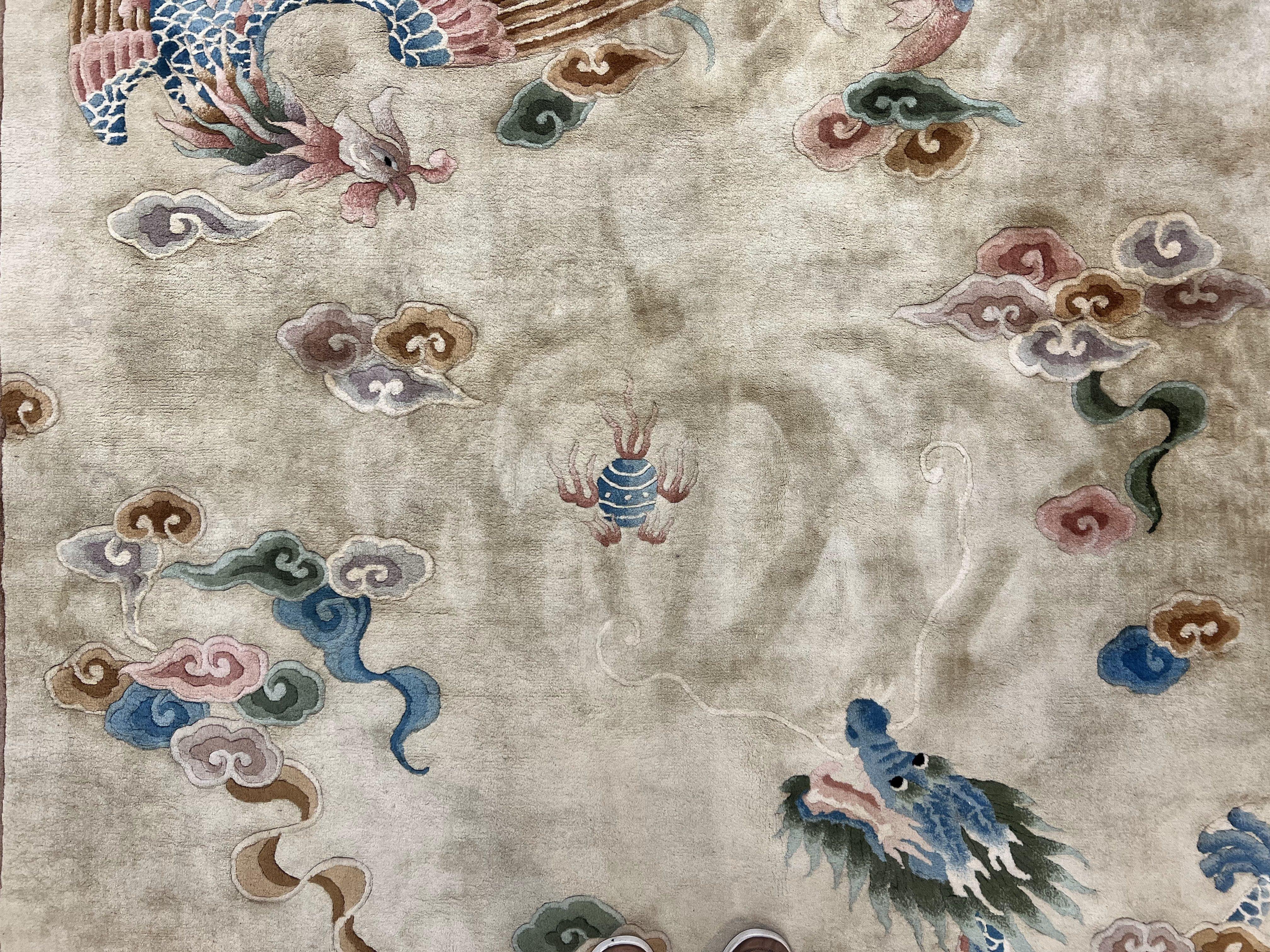 Chinese Wool Rug 8x10 with Phoenix and Dargon, Light Gold and Blue Area Rug, Vintage 1960s Hand Knotted Handmade Asian Art Deco Carpet - Jewel Rugs