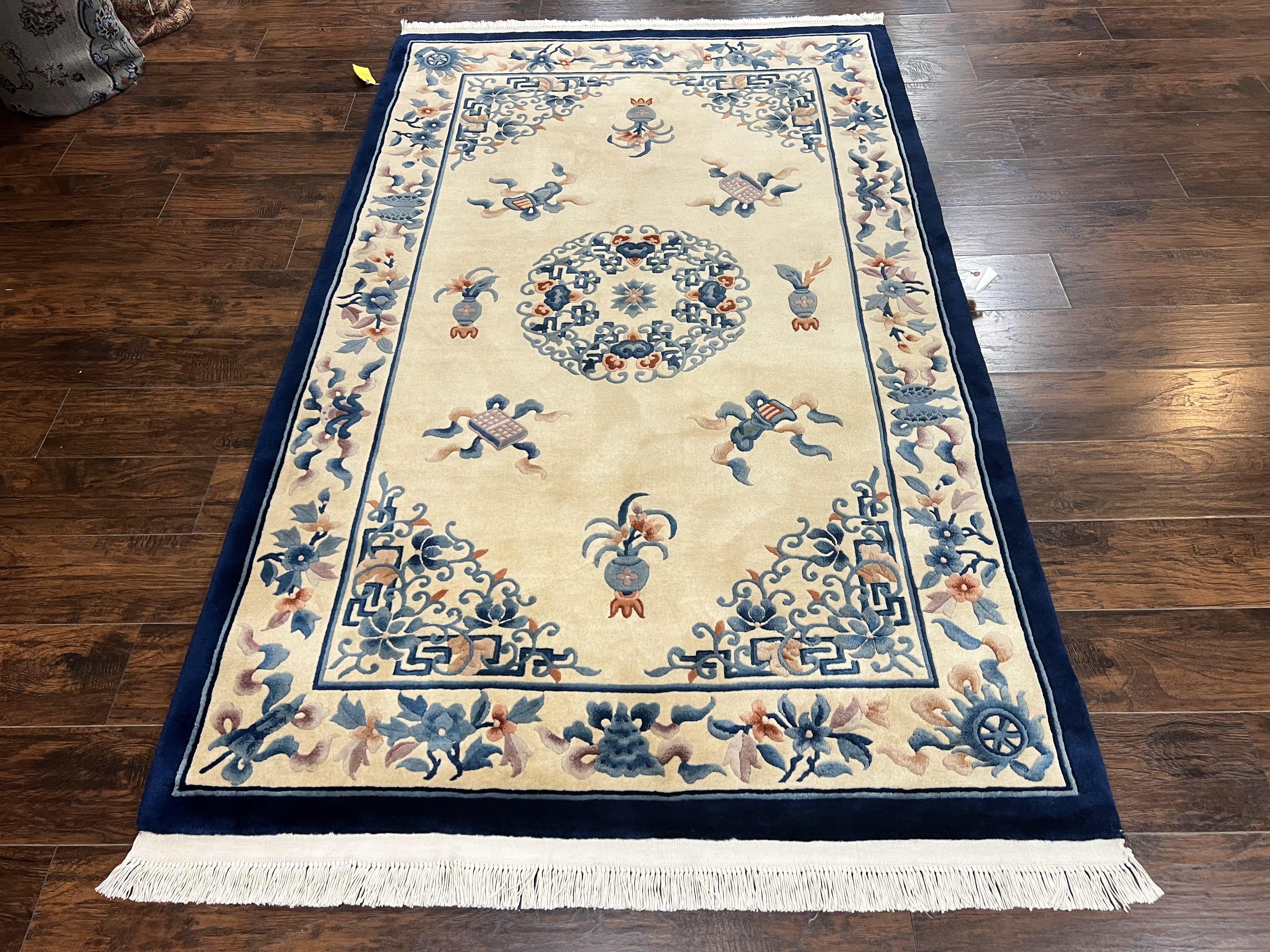 Chinese Wool Rug 5x8, Vintage Art Deco Chinese Carving Sculpture Carpet, Cream and Blue, Handmade Asian Oriental 90 Line Rug - Jewel Rugs