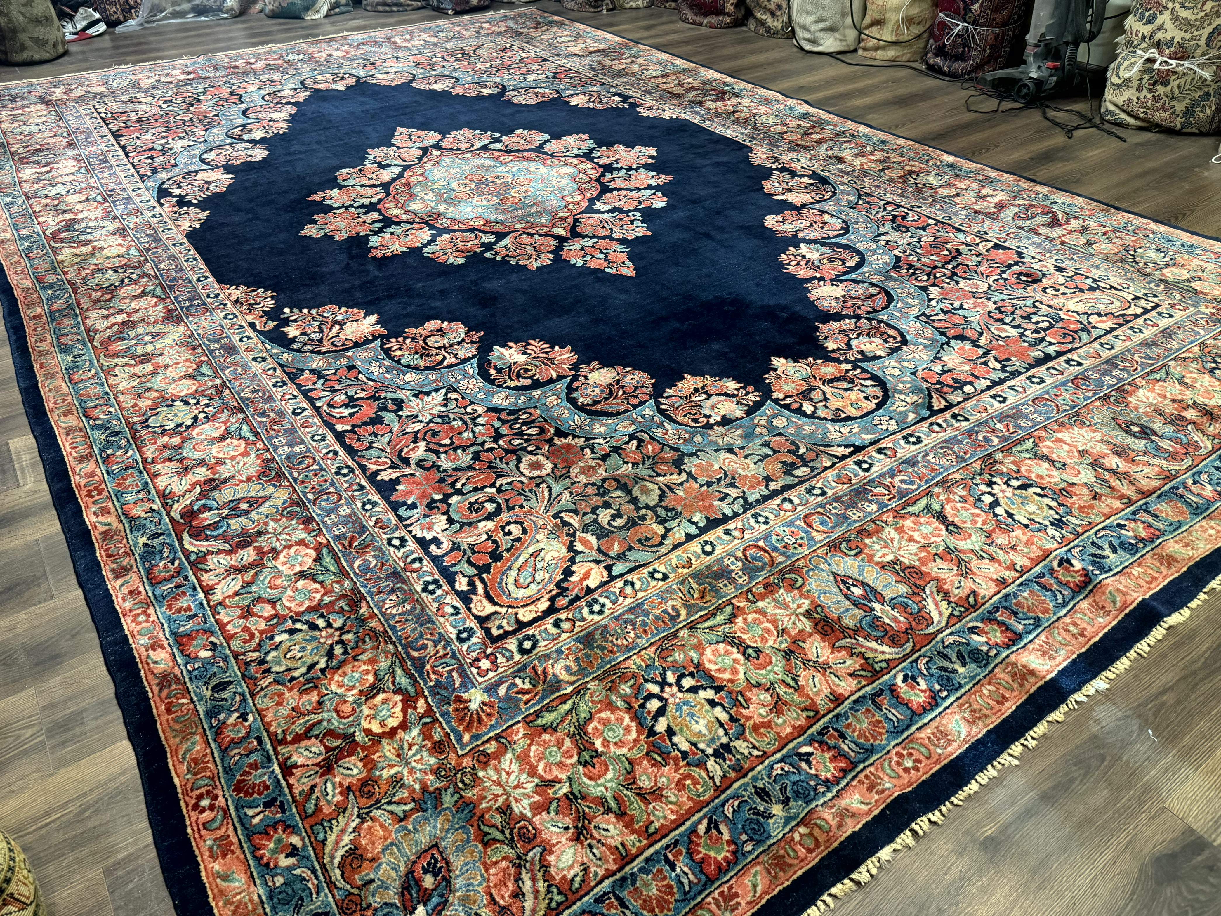 Persian Sarouk Rug 10x16 – Navy Blue and Red, Hand-Knotted Wool Antique Carpet - Jewel Rugs
