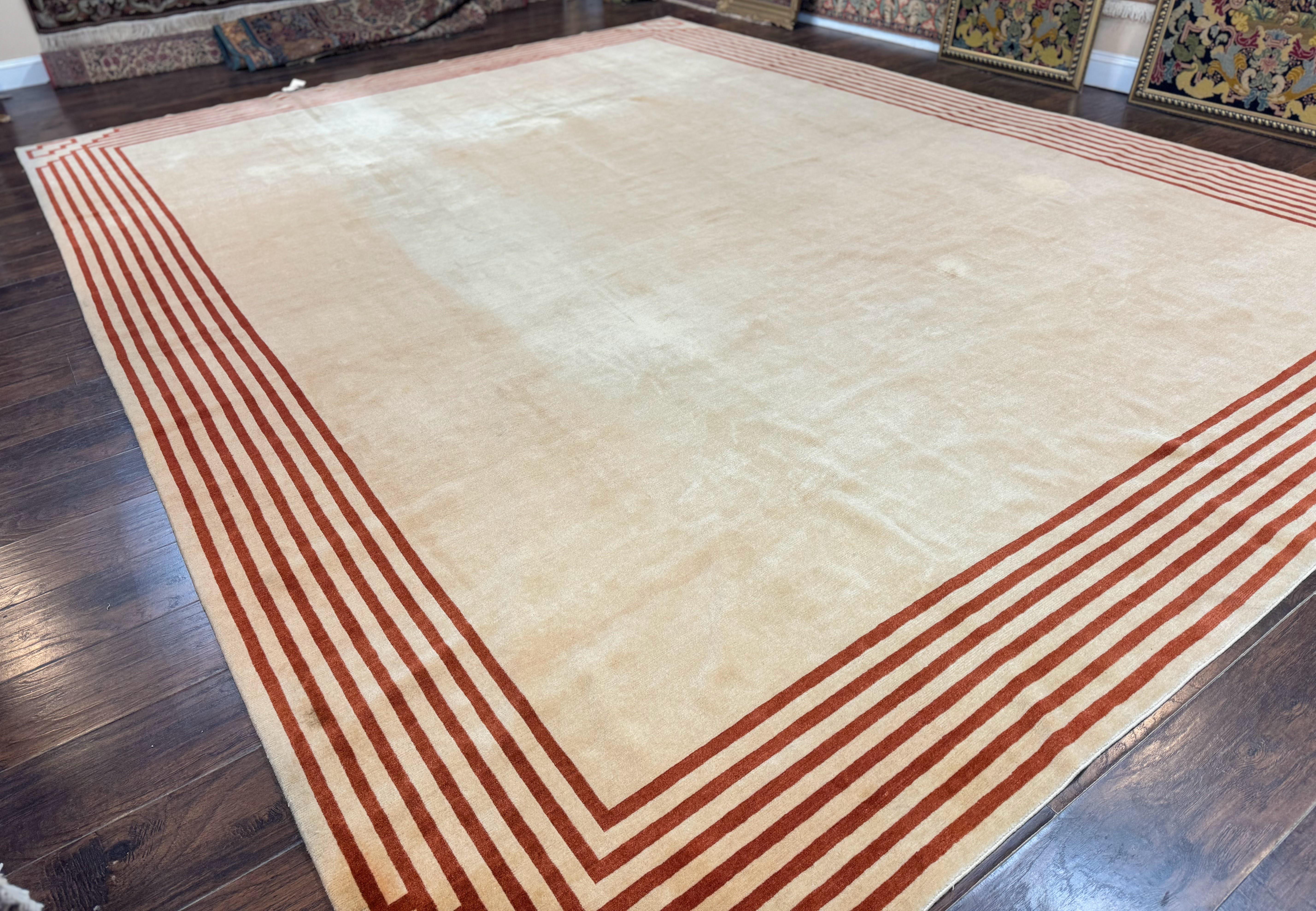Modern Tibetan Rug 11 x 14.6, Wool and Silk, Simple Design, Handmade Large Area Rug, Cream - Jewel Rugs