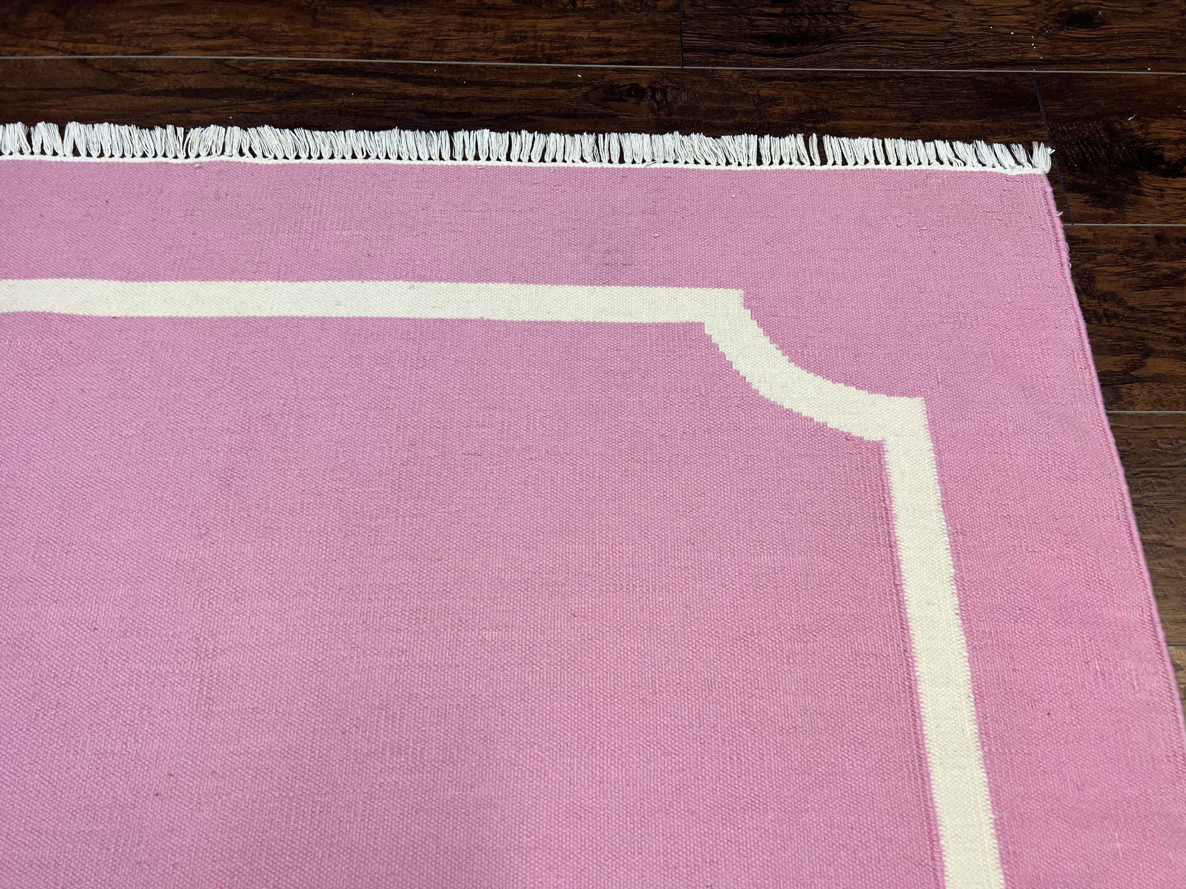 Indian Dhurrie Rug 5x8, Wool Handmade Contemporary Carpet, Pink Flatweave Kilim Area Rug, Medium Sized Rug 5 x 8 ft - Jewel Rugs