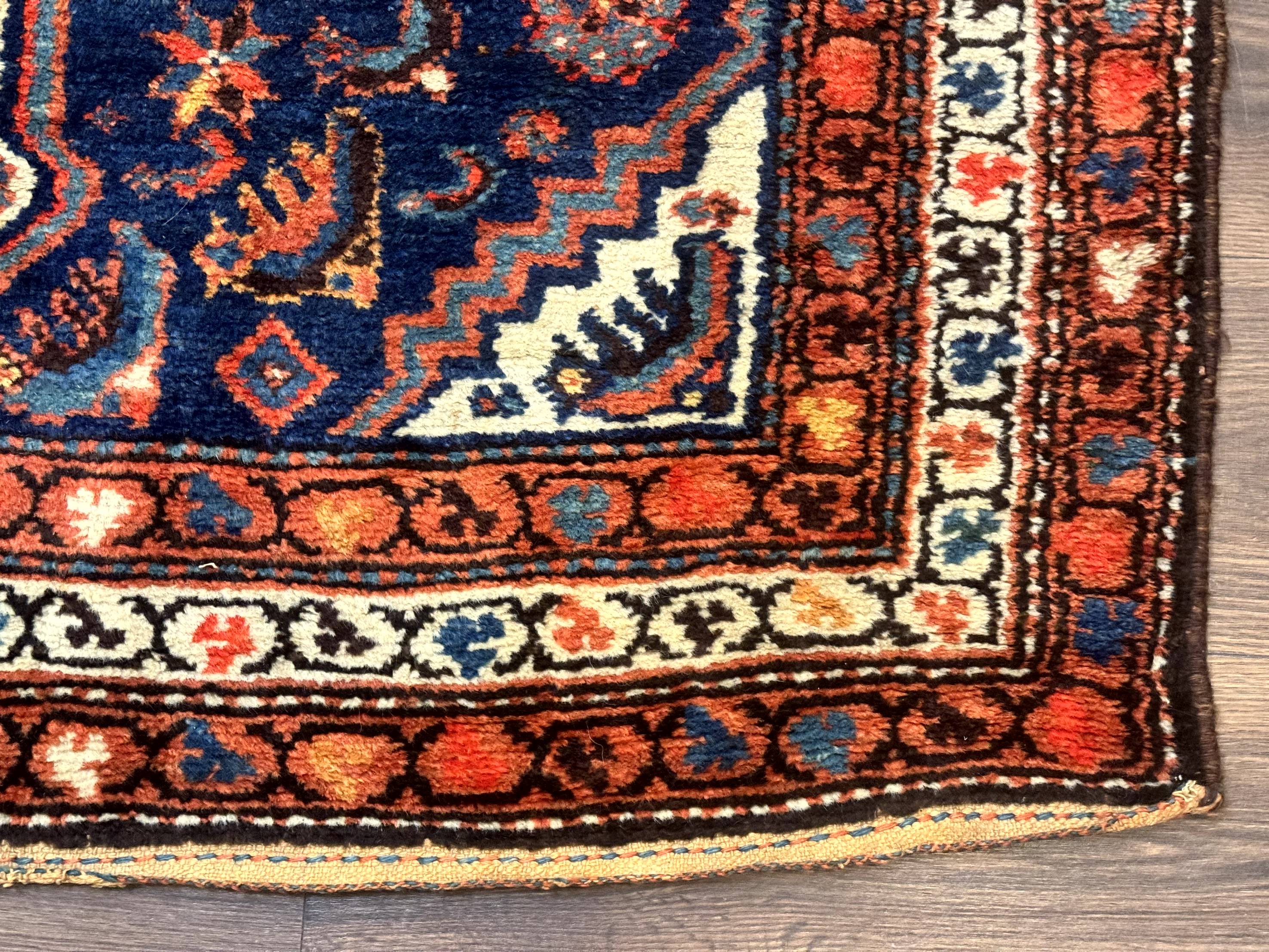 Antique Persian Hamadan Rug 4x6, Geometric, Double Medallions, Navy Blue, Tribal Carpet - Jewel Rugs