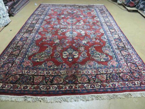 Antique Persian Qazvin Rug 6x9, Wool Hand-Knotted Oriental Carpet 6 x 9, Allover Floral Sarouk Design, 1940s Vintage Carpet, Red Navy Blue Cream - Jewel Rugs