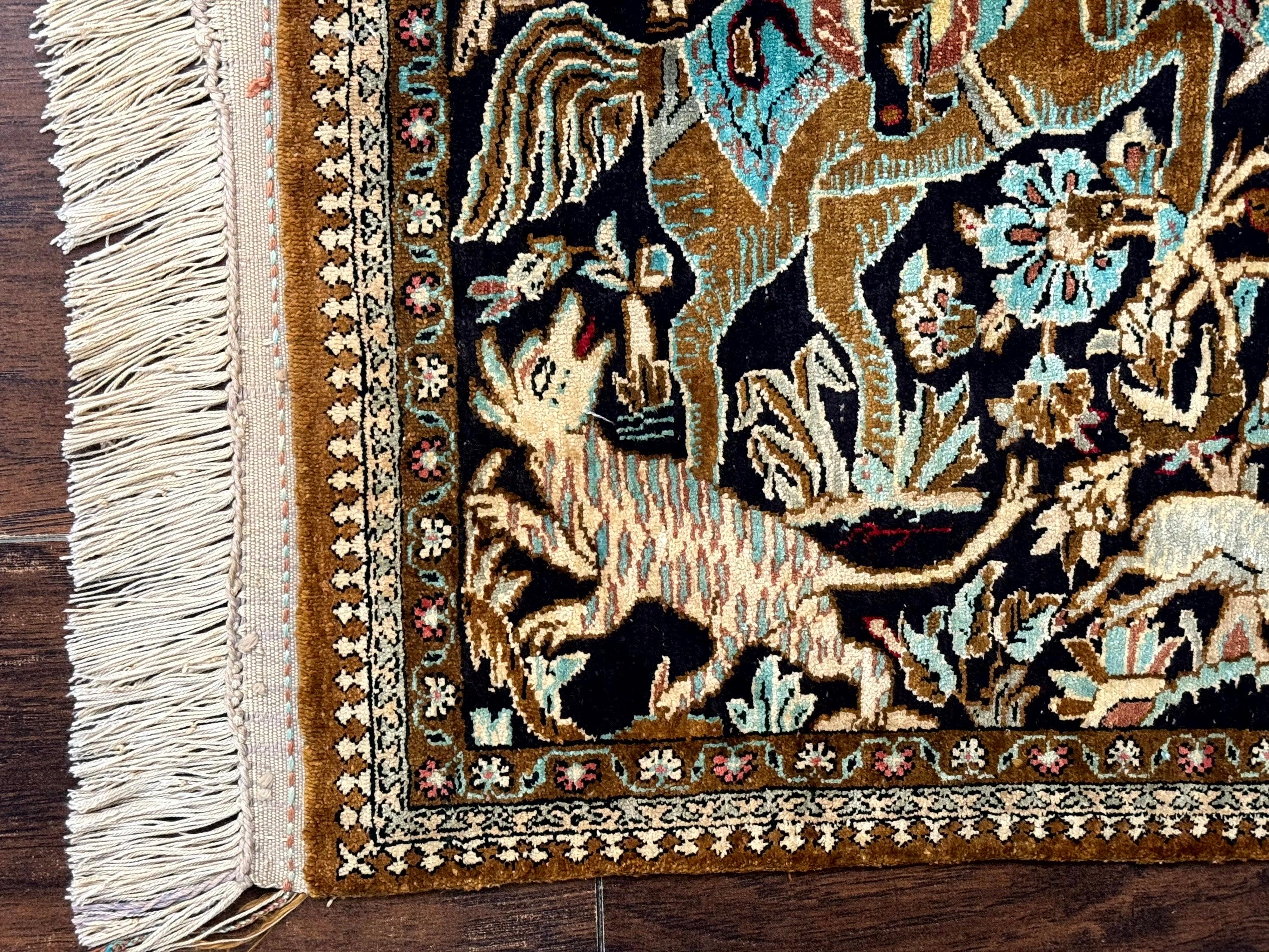 Persian Silk Qum Hunting Design Rug 2x3, Hunting Pattern, Horsemen, Silk on Silk, 330 KPSI - Jewel Rugs