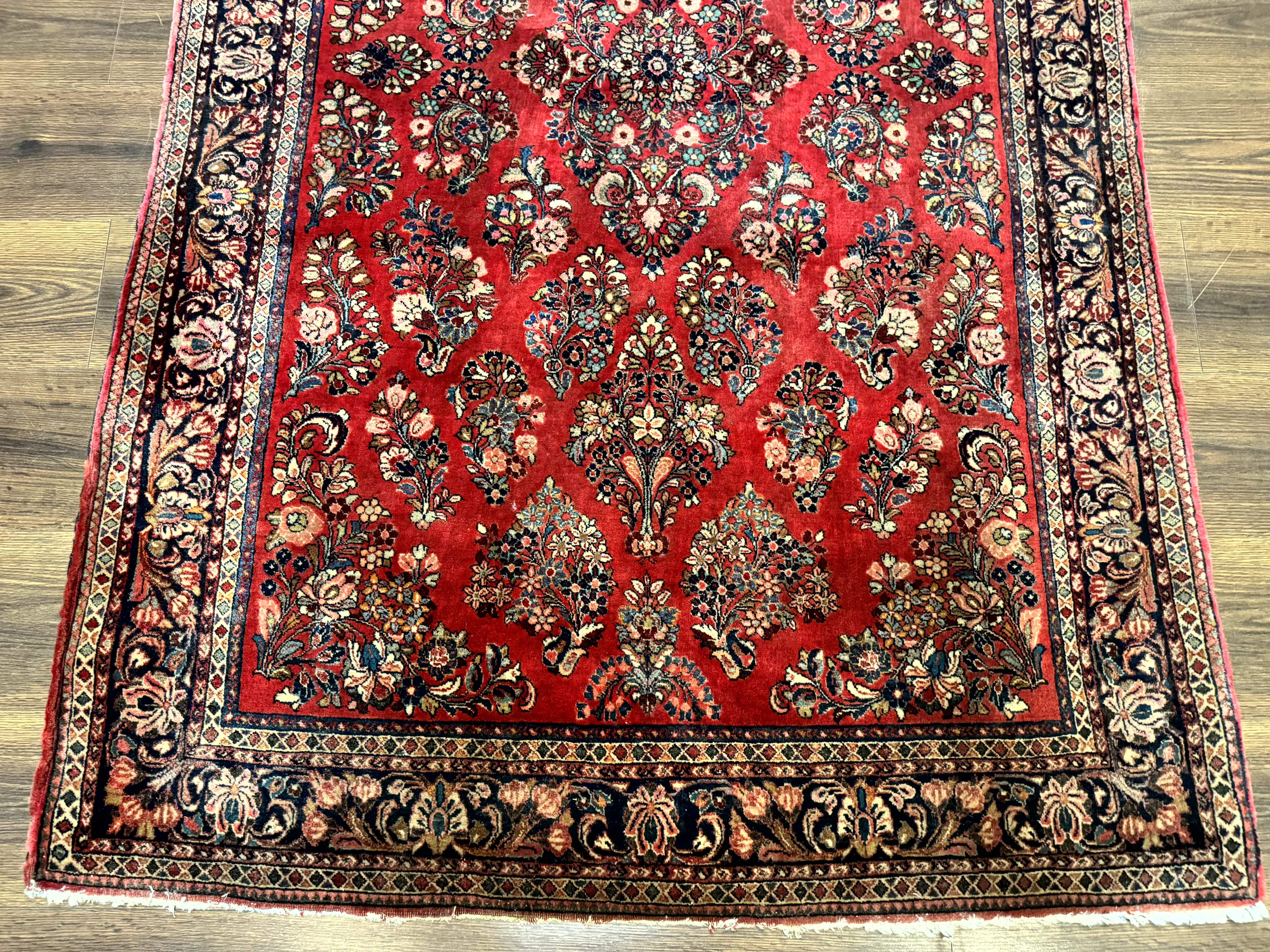 Sarouk Rug 4x6 – Red and Navy, Hand-Knotted Wool, Vintage Persian Carpet - Jewel Rugs