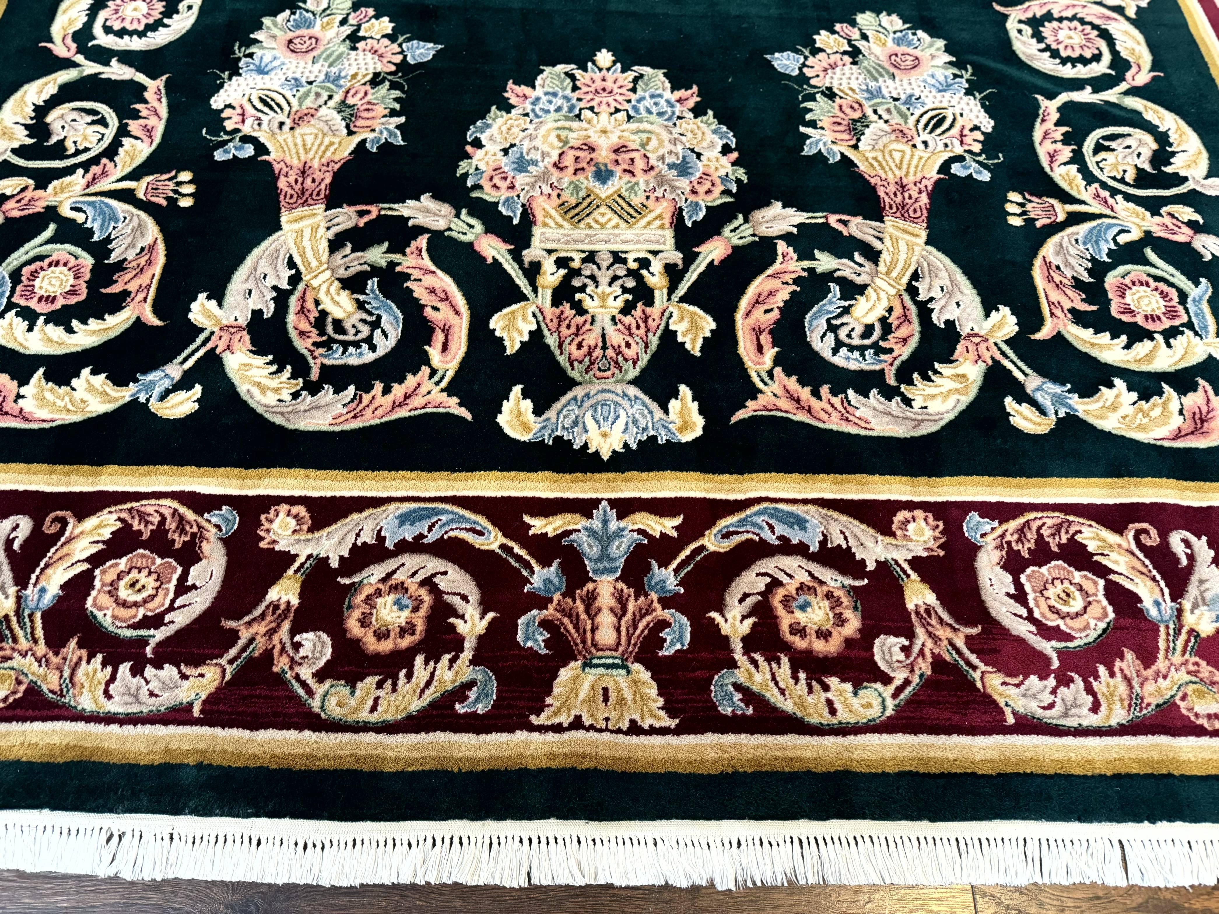 Aubusson Rug 9x12, Dark Green, European Design, Vintage Fine Handmade Carpet, Elegant - Jewel Rugs