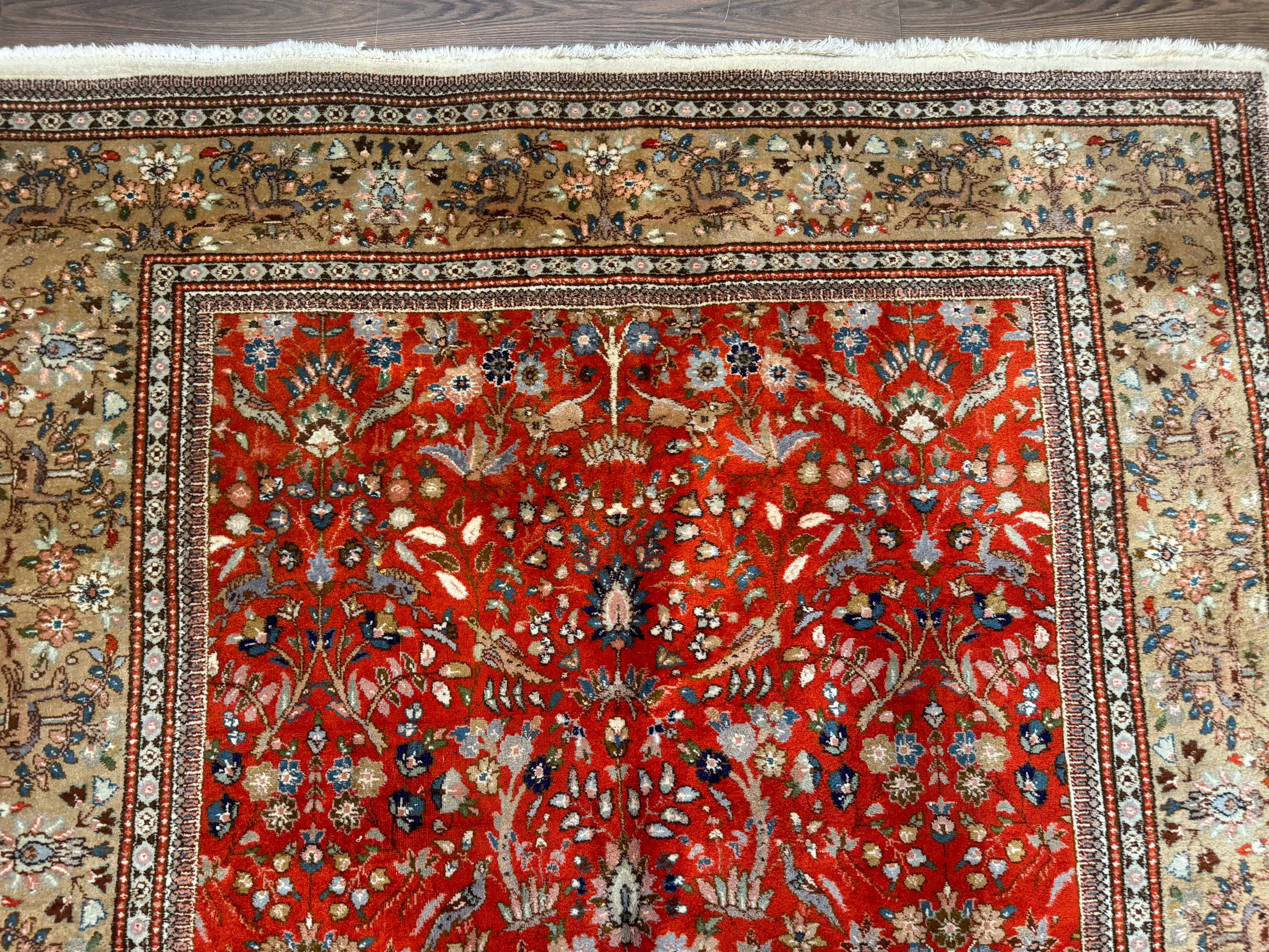 Persian Tabriz Rug 6x10, Burnt Orange and Tan, Animal Pictorials, Deer, Floral, Taba Tabae Carpet - Jewel Rugs