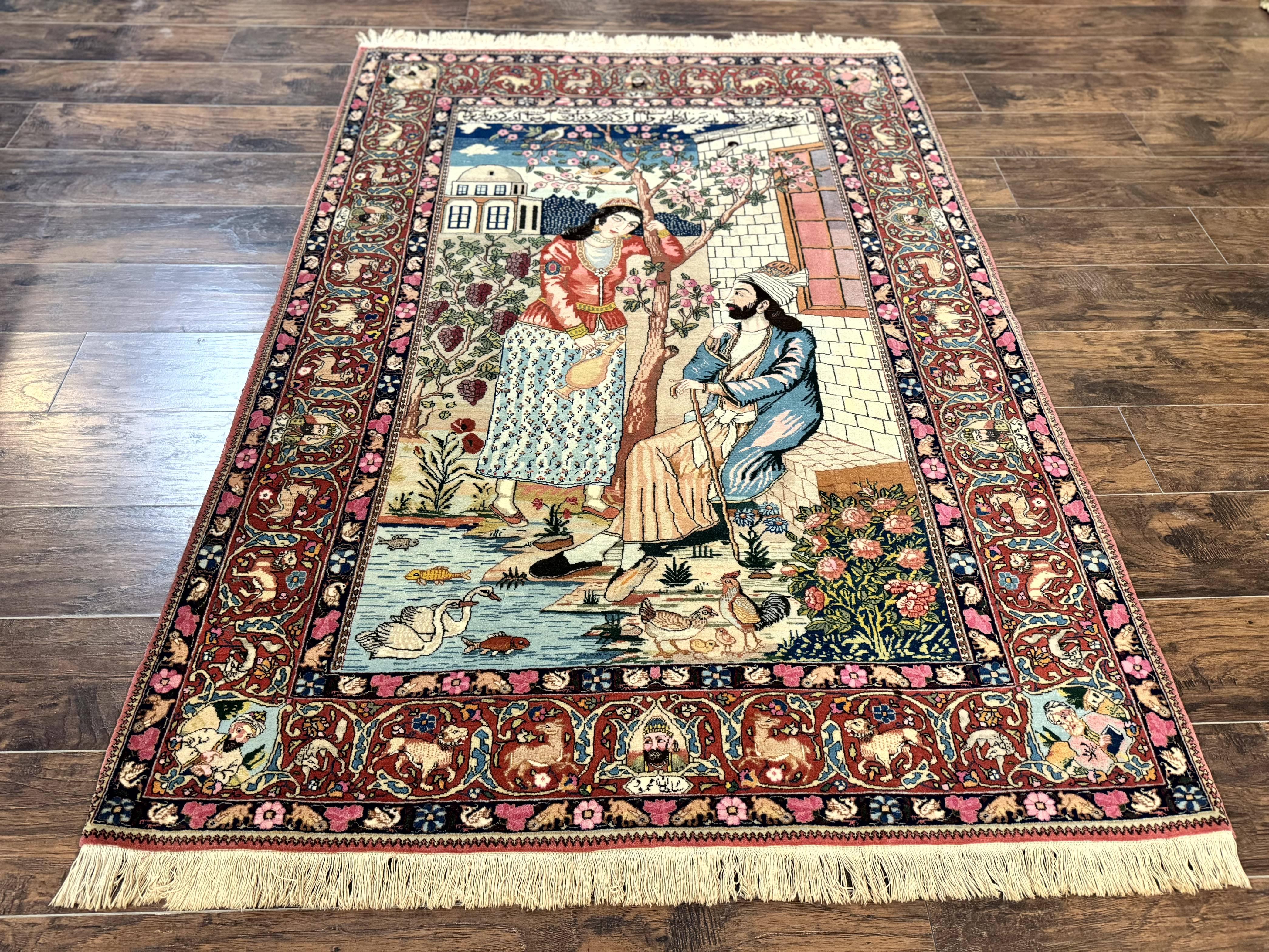 Wonderful Persian Kashan Pictorial Rug 4.7 x 6.5, Persian Rug for Wall Hanging, Handmade Antique Wool Carpet Animal Motifs Poetry Lovers, 240 KPSI - Jewel Rugs