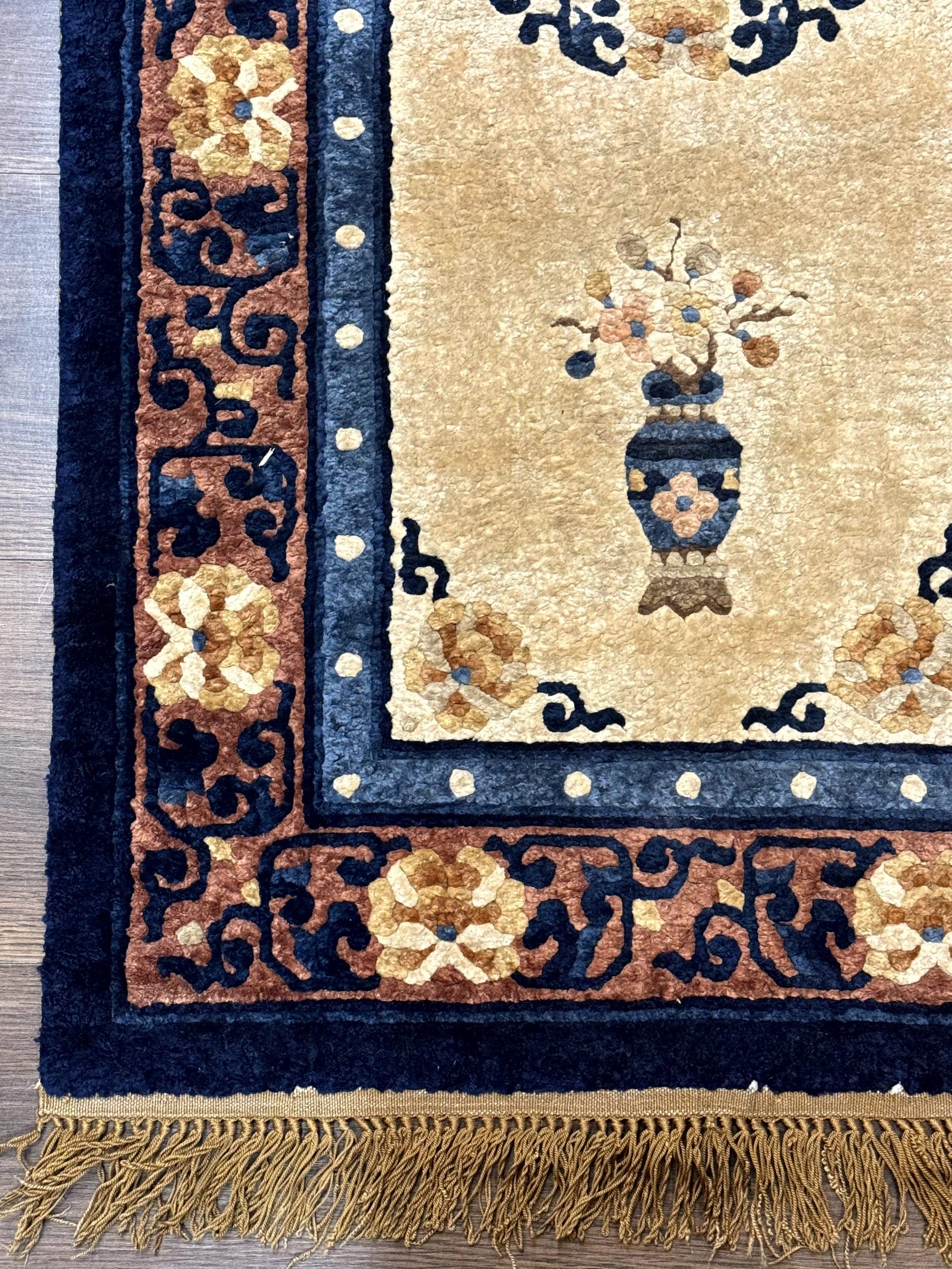 Silk Chinese Rug 2x4, Peking Carpet, Golden-Beige and Blue, Hand Knotted, Simple Design - Jewel Rugs