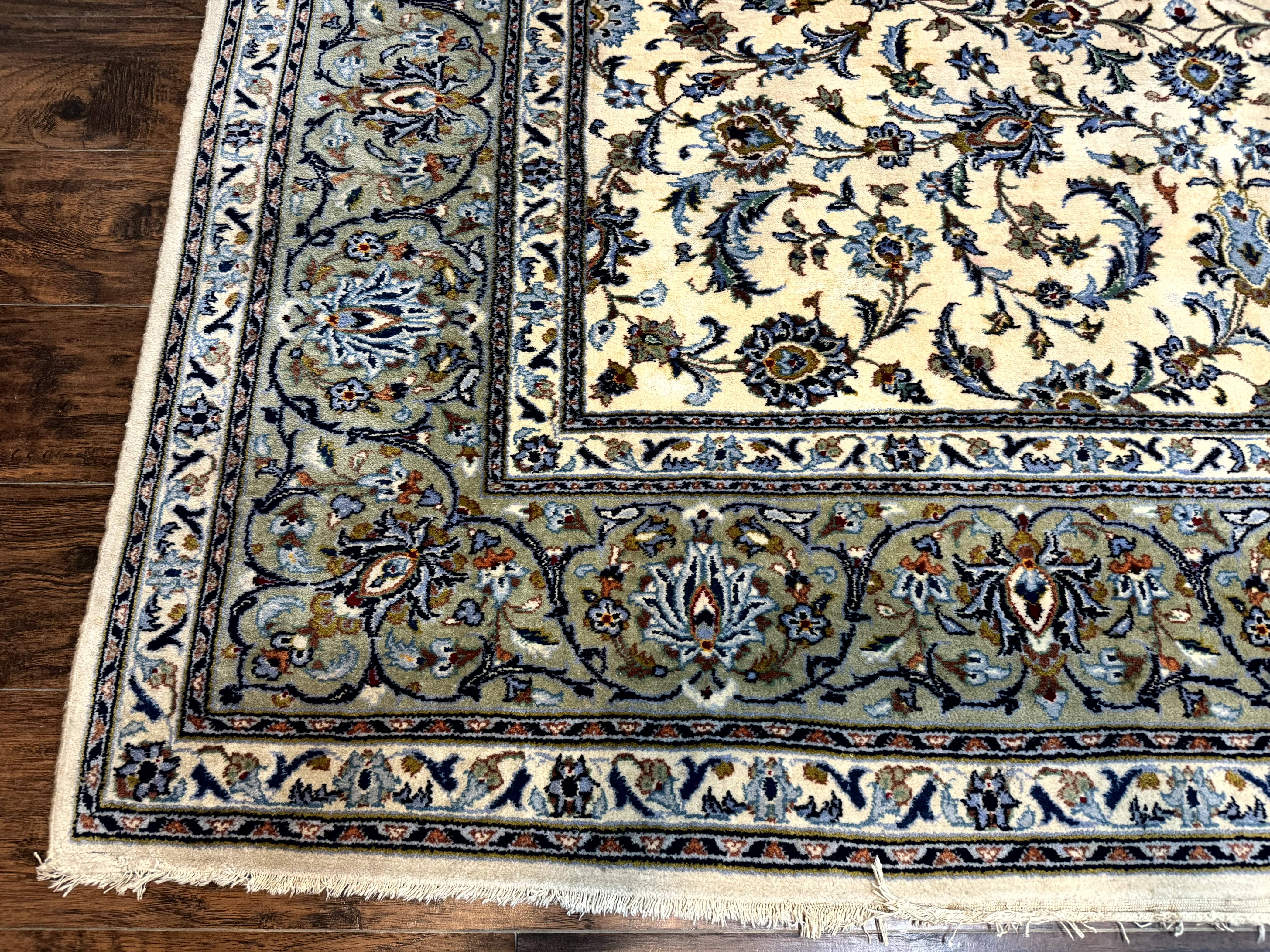 Persian Kashan Rug 8x11, Ivory Blue Green, Floral Allover, Signed By Masterweaver - Jewel Rugs