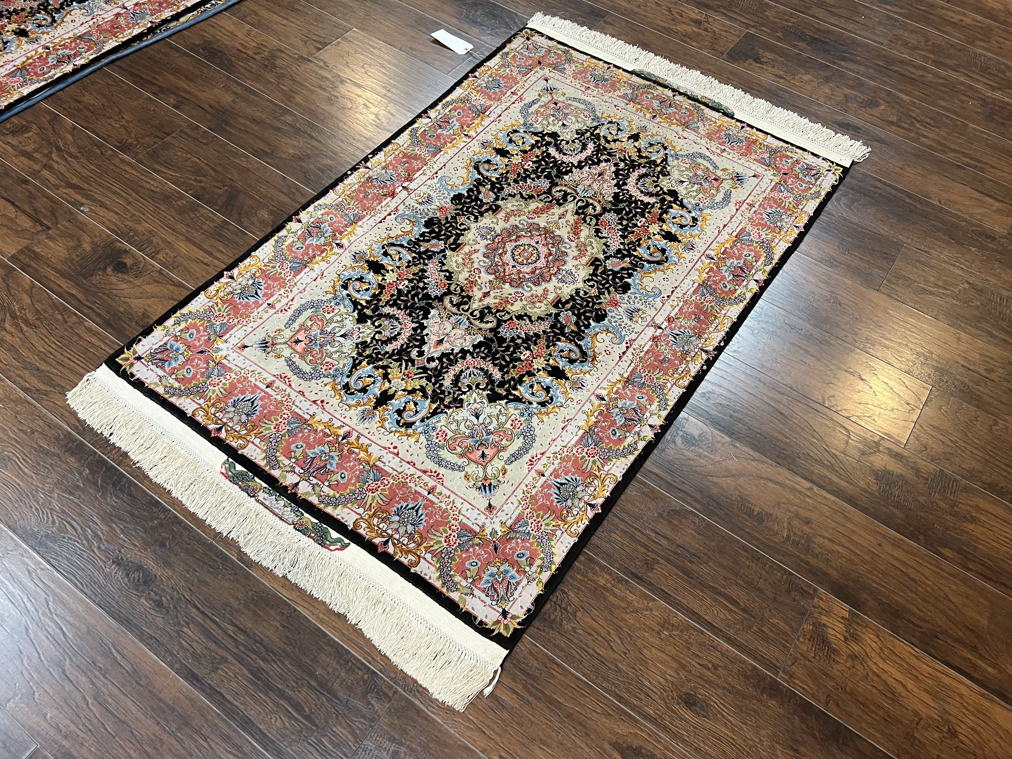 Stunning Persian Tabriz Rug 3.5 x 5, Super Fine, Kork Wool on Silk, Floral Medallion, 70 Raj, 650 KPSI, Signed Master Piece, Hand Knotted, Black - Jewel Rugs