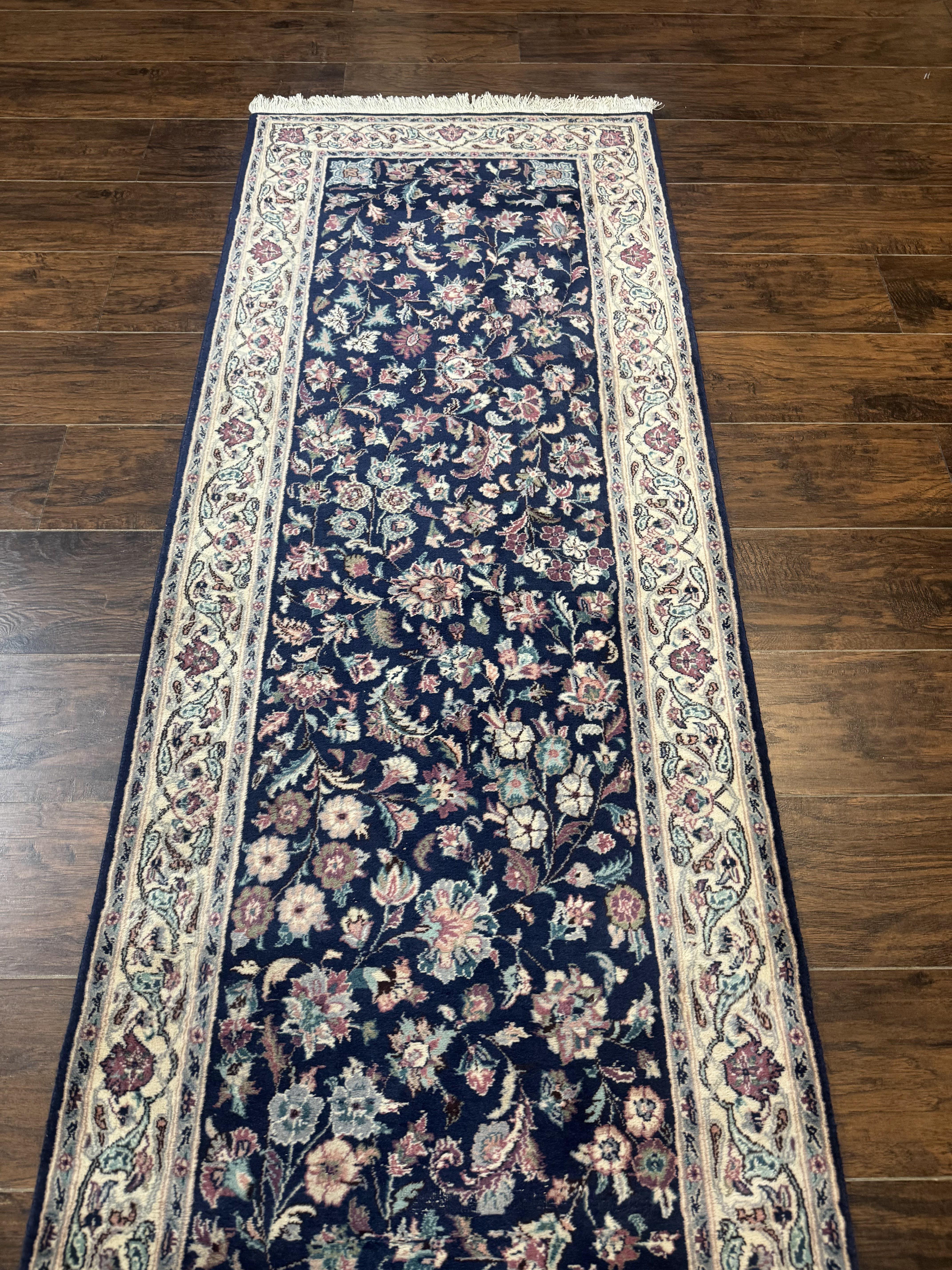 Persian Runner Rug 2.7 x 12.6, Navy Blue, Very Fine 270 KPSI, Handmade Wool Oriental Runner Rug for Hallway or Kitchen, Pak Persian Runner - Jewel Rugs