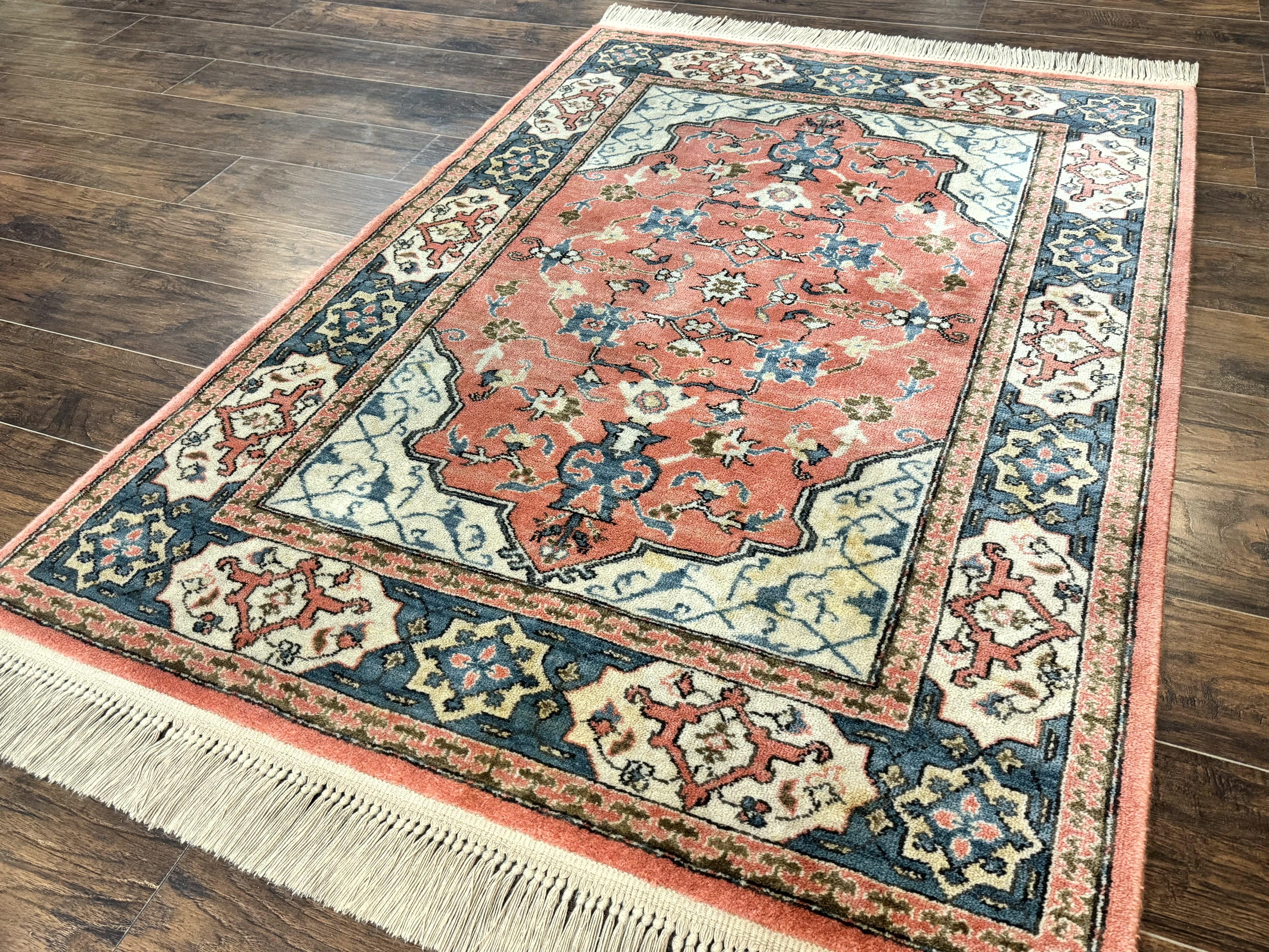 Karastan Rug 4x6 Bergama Design #737, Karastan Area Rug, Vintage Wool Karastan Carpet, Original Collection 700 Series, Salmon Red Light Blue - Jewel Rugs