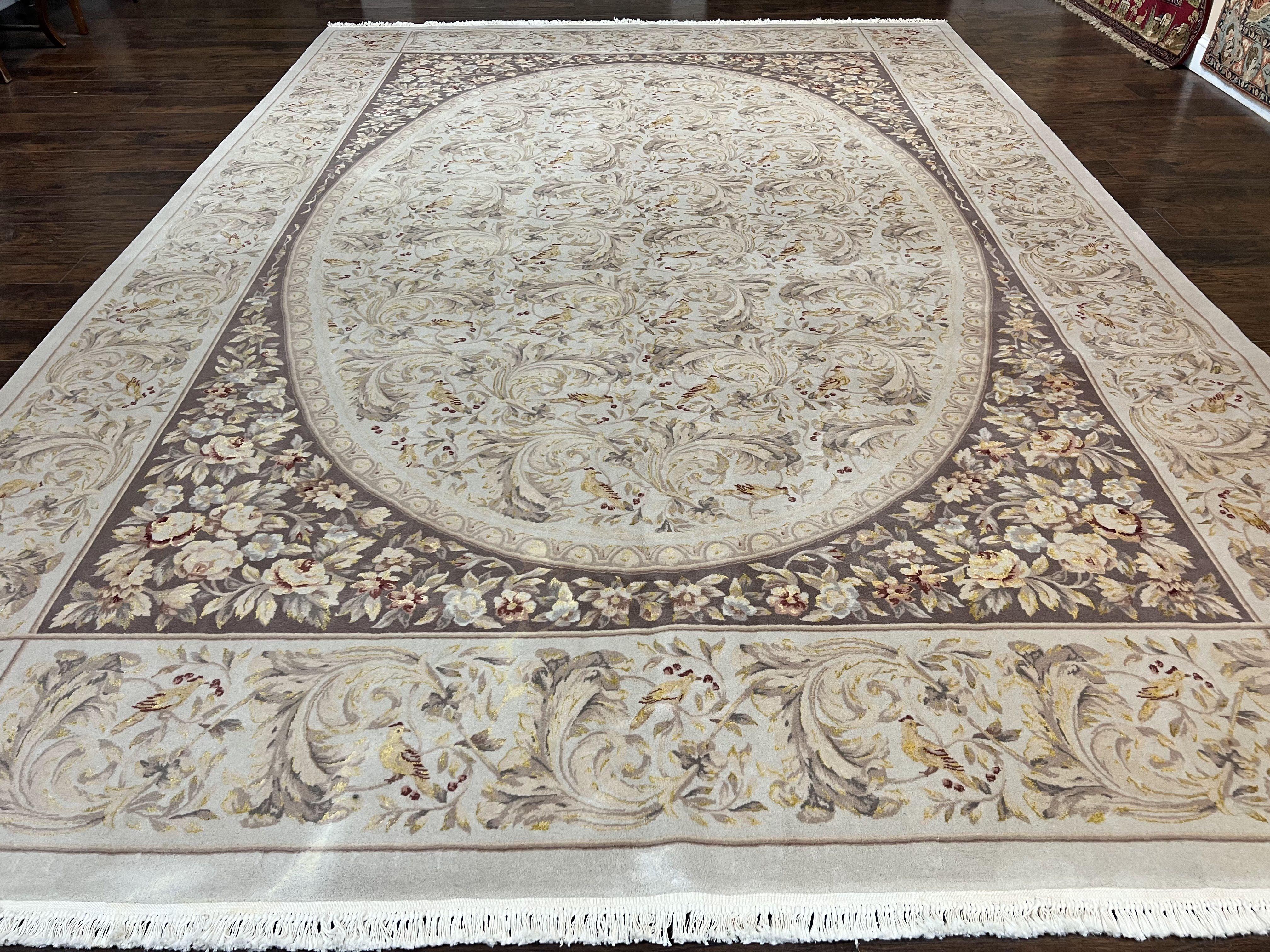 Aubusson Rug 10x14, Wool & Silk Highlights Hand Knotted Vintage Carpet, Birds Flowers, Fine Details, Elegant - Jewel Rugs