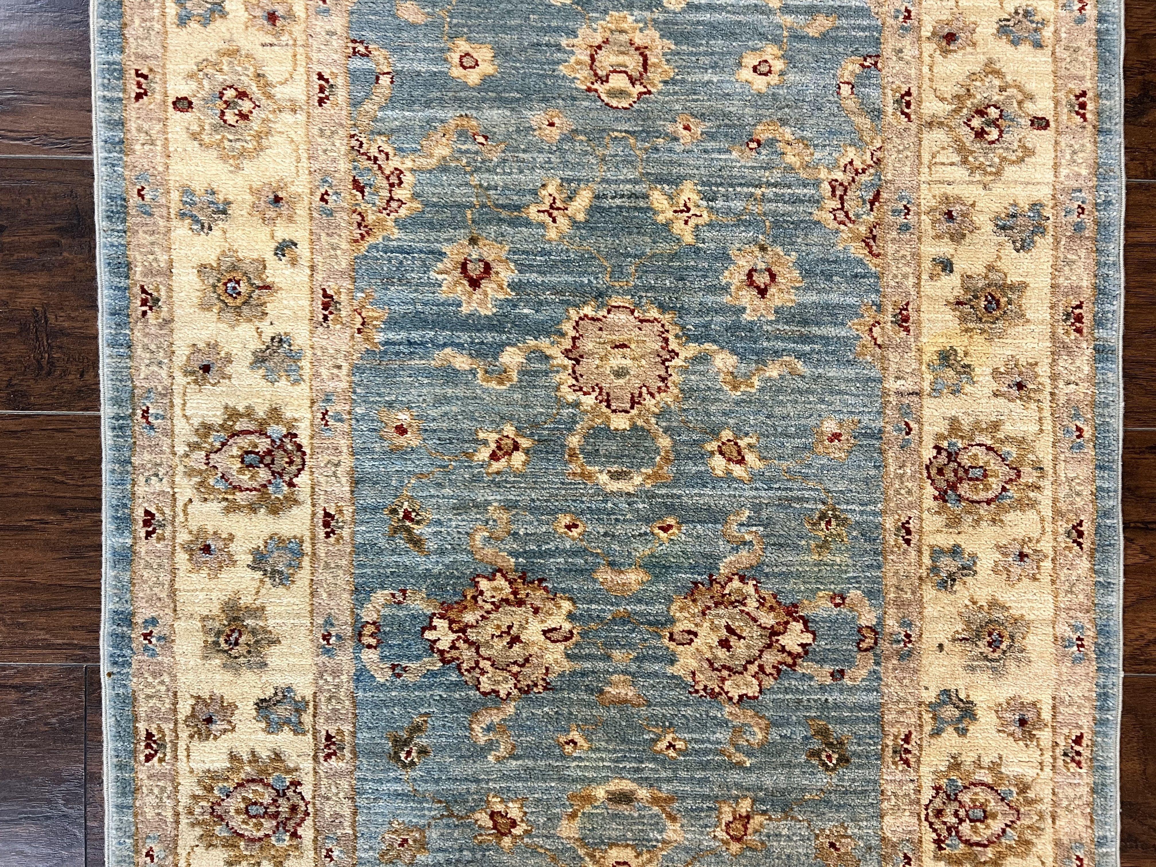 Peshawar Runner Rug 2.8 x 15.8, Light Blue and Cream, Long Hand Knotted Handmade Hallway Runner, Oriental Carpet, Pastel Colors, Wool Rug - Jewel Rugs